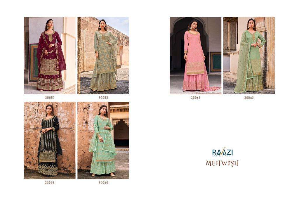 MEHWISH BY RAMA FASHION 30057 TO 30062 SERIES BEAUTIFUL STYLISH SHARARA SUITS FANCY COLORFUL CASUAL WEAR & ETHNIC WEAR & READY TO WEAR DOLA JACQUARD EMBROIDERED DRESSES AT WHOLESALE PRICE