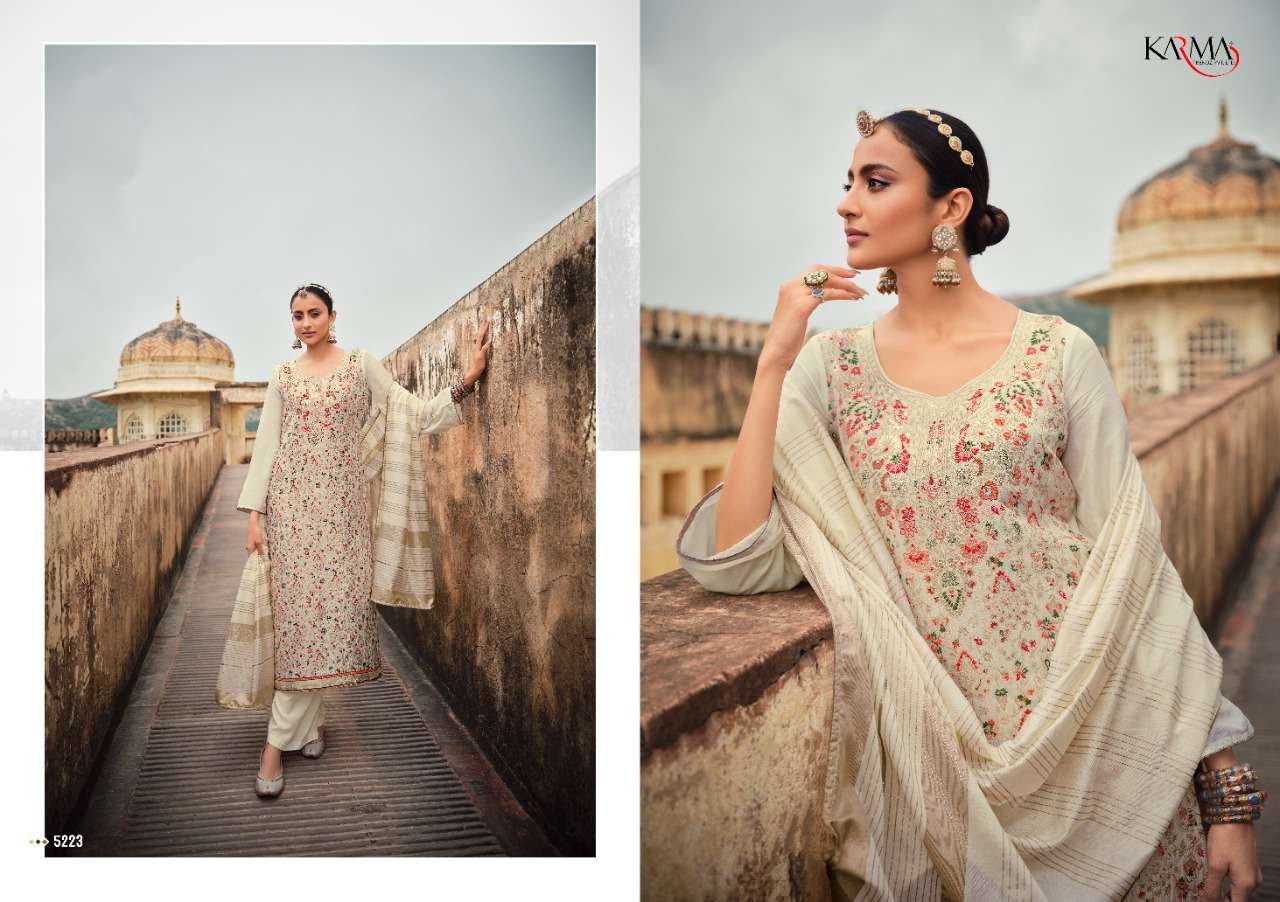 JASHNN VOL-4 BY KARMA TRENDZ 5220 TO 5226 SERIES BEAUTIFUL STYLISH SUITS FANCY COLORFUL CASUAL WEAR & ETHNIC WEAR & READY TO WEAR SILK JACQUARD DRESSES AT WHOLESALE PRICE