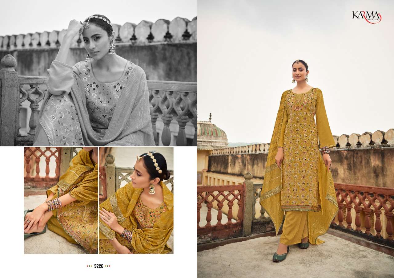JASHNN VOL-4 BY KARMA TRENDZ 5220 TO 5226 SERIES BEAUTIFUL STYLISH SUITS FANCY COLORFUL CASUAL WEAR & ETHNIC WEAR & READY TO WEAR SILK JACQUARD DRESSES AT WHOLESALE PRICE
