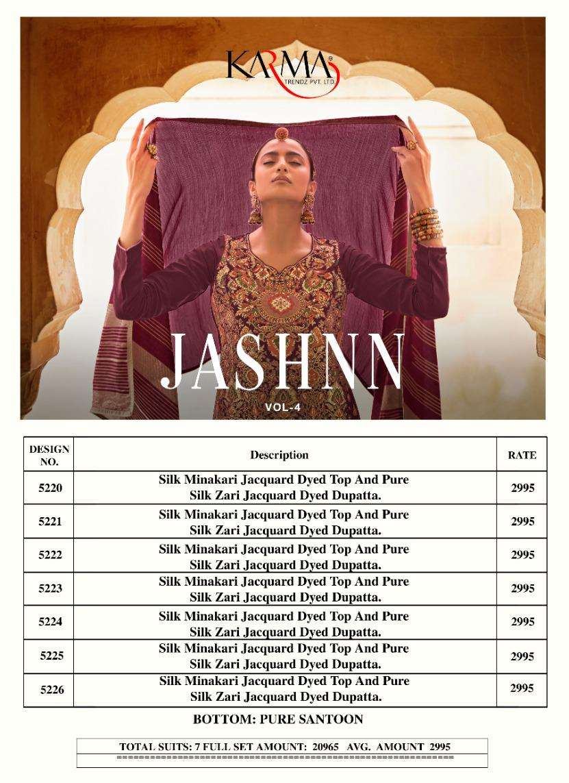 JASHNN VOL-4 BY KARMA TRENDZ 5220 TO 5226 SERIES BEAUTIFUL STYLISH SUITS FANCY COLORFUL CASUAL WEAR & ETHNIC WEAR & READY TO WEAR SILK JACQUARD DRESSES AT WHOLESALE PRICE