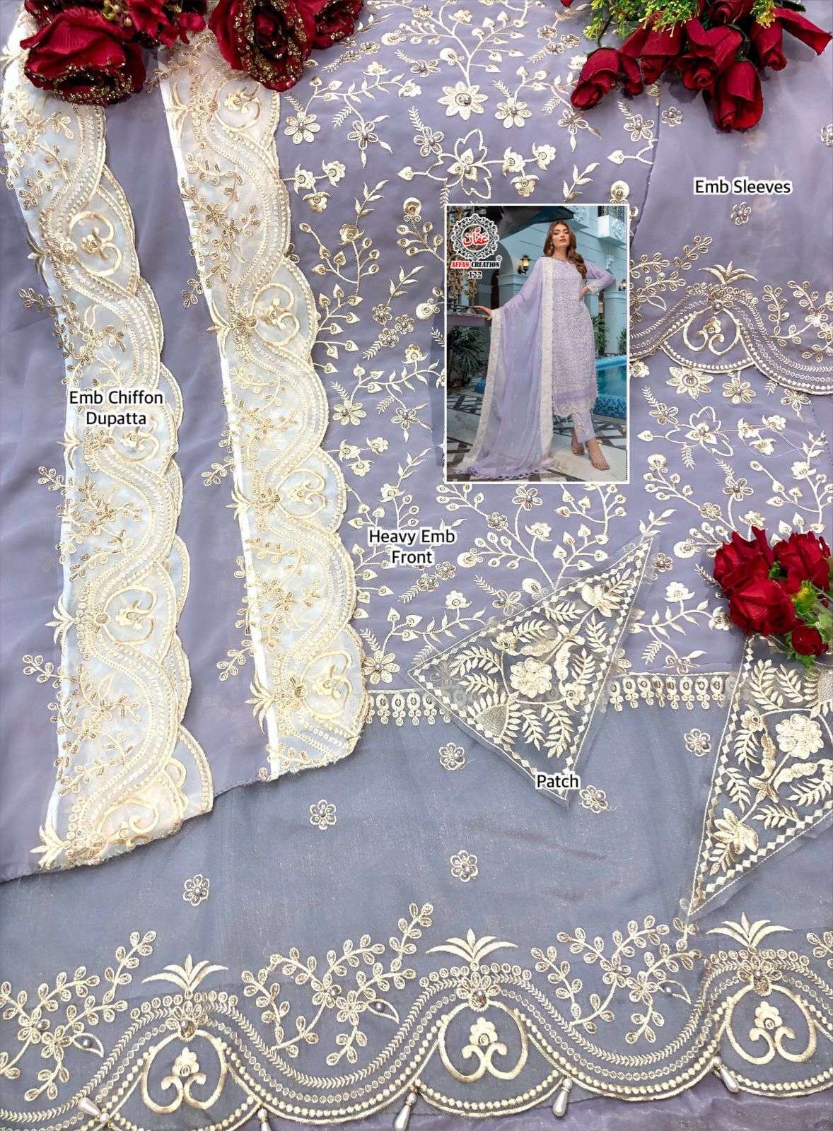 AFFAN CREATION HIT DESIGN 122 BY AFFAN CREATION BEAUTIFUL STYLISH PAKISATNI SUITS FANCY COLORFUL CASUAL WEAR & ETHNIC WEAR & READY TO WEAR HEAVY FAUX GEORGETTE WITH EMBROIDERY DRESSES AT WHOLESALE PRICE
