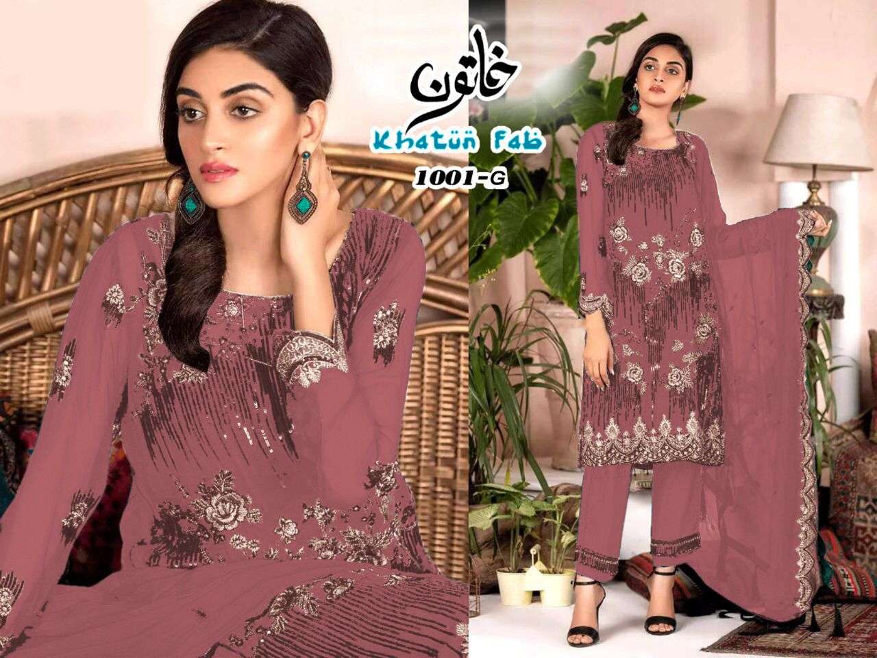 KHATUN FAB 1001 COLOURS VOL-2 BY KHATUN FAB 1001-E TO 1001-H SERIES DESIGNER FESTIVE SUITS COLLECTION BEAUTIFUL STYLISH FANCY COLORFUL PARTY WEAR & OCCASIONAL WEAR FAUX GEORGETTE EMBROIDERED DRESSES AT WHOLESALE PRICE