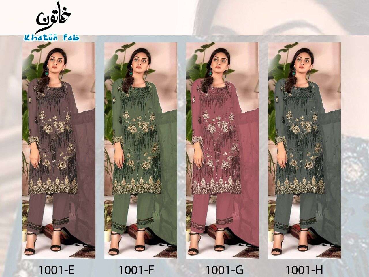 KHATUN FAB 1001 COLOURS VOL-2 BY KHATUN FAB 1001-E TO 1001-H SERIES DESIGNER FESTIVE SUITS COLLECTION BEAUTIFUL STYLISH FANCY COLORFUL PARTY WEAR & OCCASIONAL WEAR FAUX GEORGETTE EMBROIDERED DRESSES AT WHOLESALE PRICE