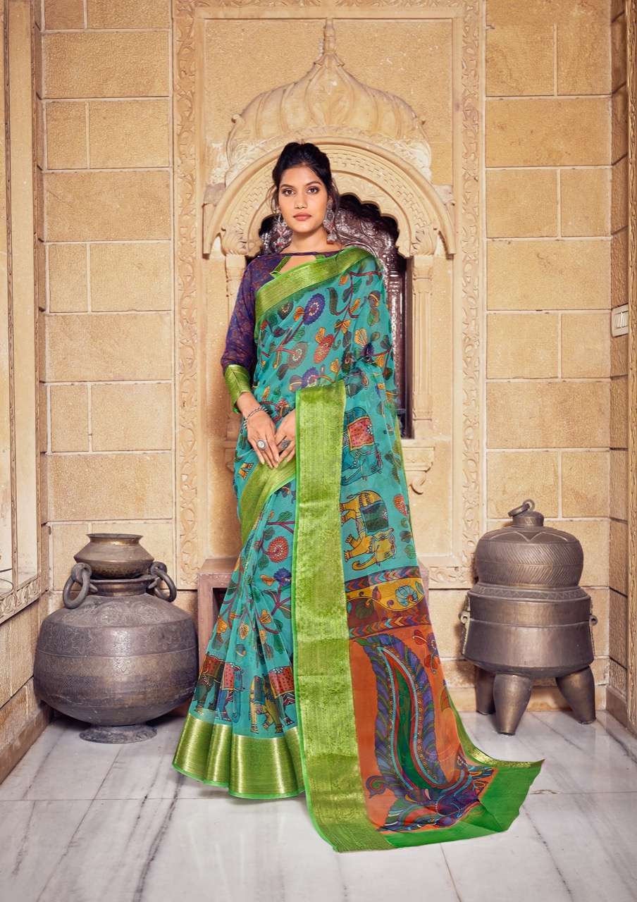 ORGANZA KALAMKARI BY SHVETAMBAR CREATION 01 TO 08 SERIES INDIAN TRADITIONAL WEAR COLLECTION BEAUTIFUL STYLISH FANCY COLORFUL PARTY WEAR & OCCASIONAL WEAR ORGANZA SILK SAREES AT WHOLESALE PRICE