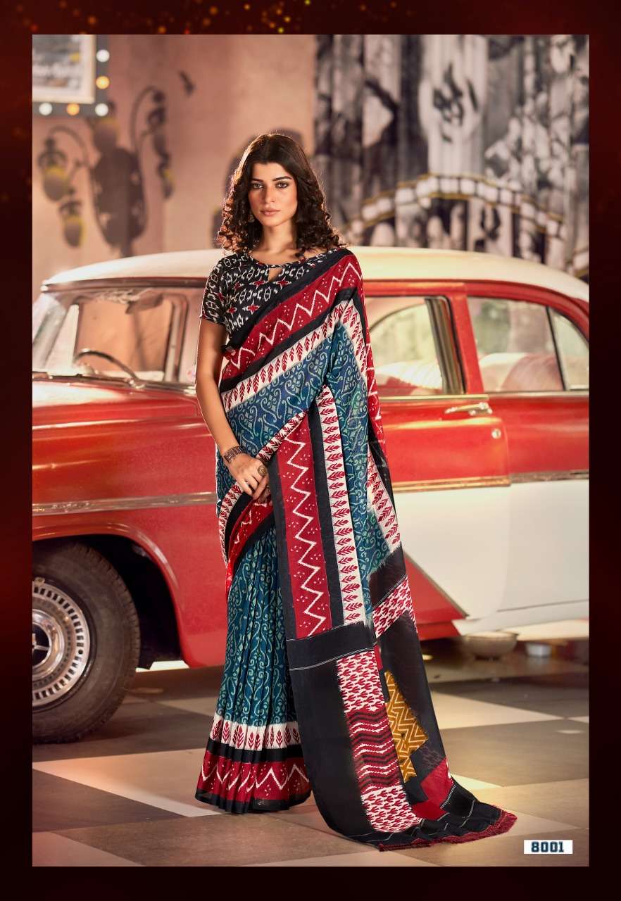 ROCK STAR BY VINAMRA 8001 TO 8008 SERIES INDIAN TRADITIONAL WEAR COLLECTION BEAUTIFUL STYLISH FANCY COLORFUL PARTY WEAR & OCCASIONAL WEAR COTTON IKKAT SAREES AT WHOLESALE PRICE