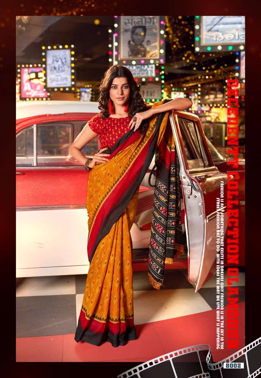 ROCK STAR BY VINAMRA 8001 TO 8008 SERIES INDIAN TRADITIONAL WEAR COLLECTION BEAUTIFUL STYLISH FANCY COLORFUL PARTY WEAR & OCCASIONAL WEAR COTTON IKKAT SAREES AT WHOLESALE PRICE