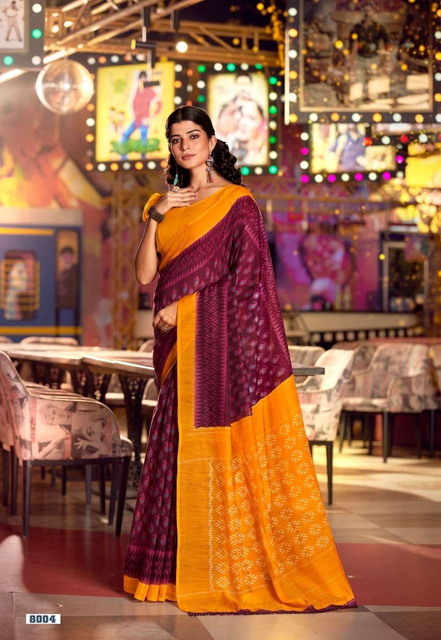 ROCK STAR BY VINAMRA 8001 TO 8008 SERIES INDIAN TRADITIONAL WEAR COLLECTION BEAUTIFUL STYLISH FANCY COLORFUL PARTY WEAR & OCCASIONAL WEAR COTTON IKKAT SAREES AT WHOLESALE PRICE