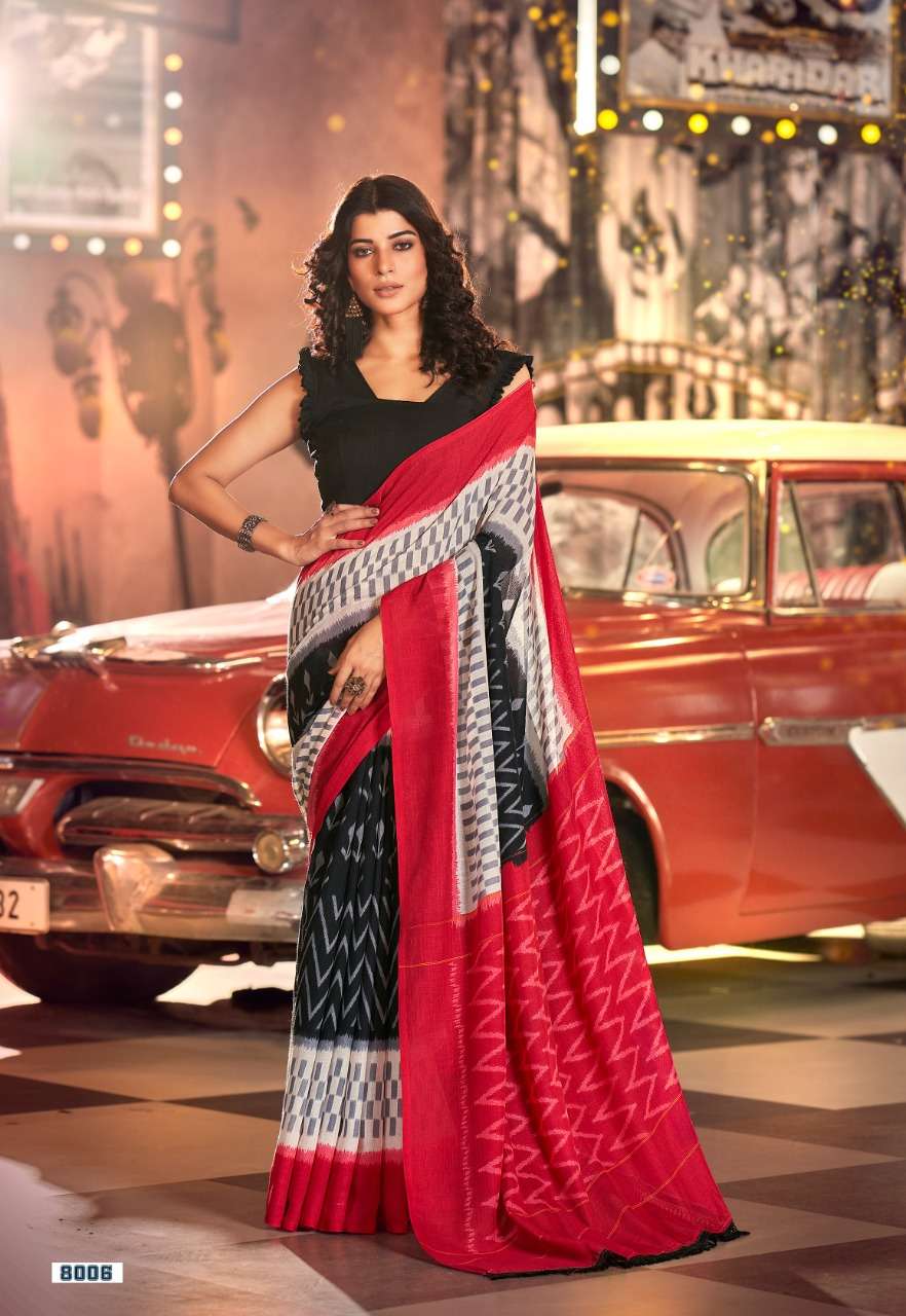 ROCK STAR BY VINAMRA 8001 TO 8008 SERIES INDIAN TRADITIONAL WEAR COLLECTION BEAUTIFUL STYLISH FANCY COLORFUL PARTY WEAR & OCCASIONAL WEAR COTTON IKKAT SAREES AT WHOLESALE PRICE
