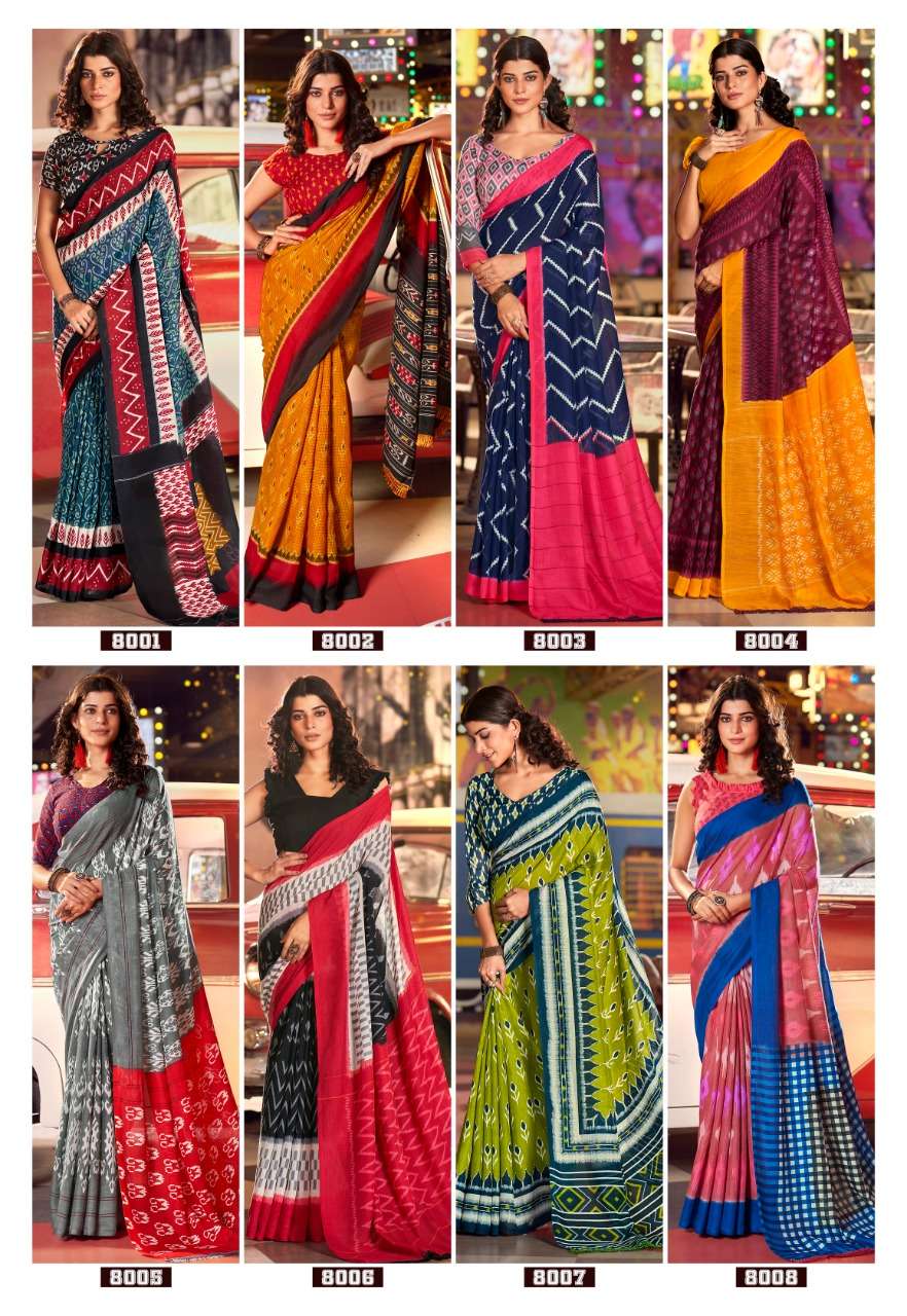 ROCK STAR BY VINAMRA 8001 TO 8008 SERIES INDIAN TRADITIONAL WEAR COLLECTION BEAUTIFUL STYLISH FANCY COLORFUL PARTY WEAR & OCCASIONAL WEAR COTTON IKKAT SAREES AT WHOLESALE PRICE