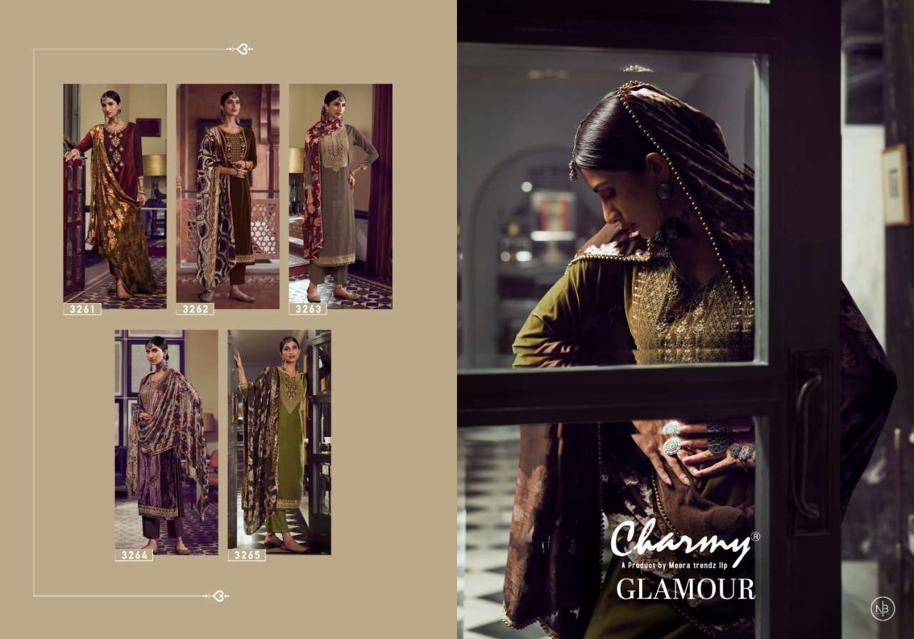 GLAMOUR BY CHARMY 3261 TO 3265 SERIES BEAUTIFUL SUITS COLORFUL STYLISH FANCY CASUAL WEAR & ETHNIC WEAR VELVET EMBROIDERED DRESSES AT WHOLESALE PRICE