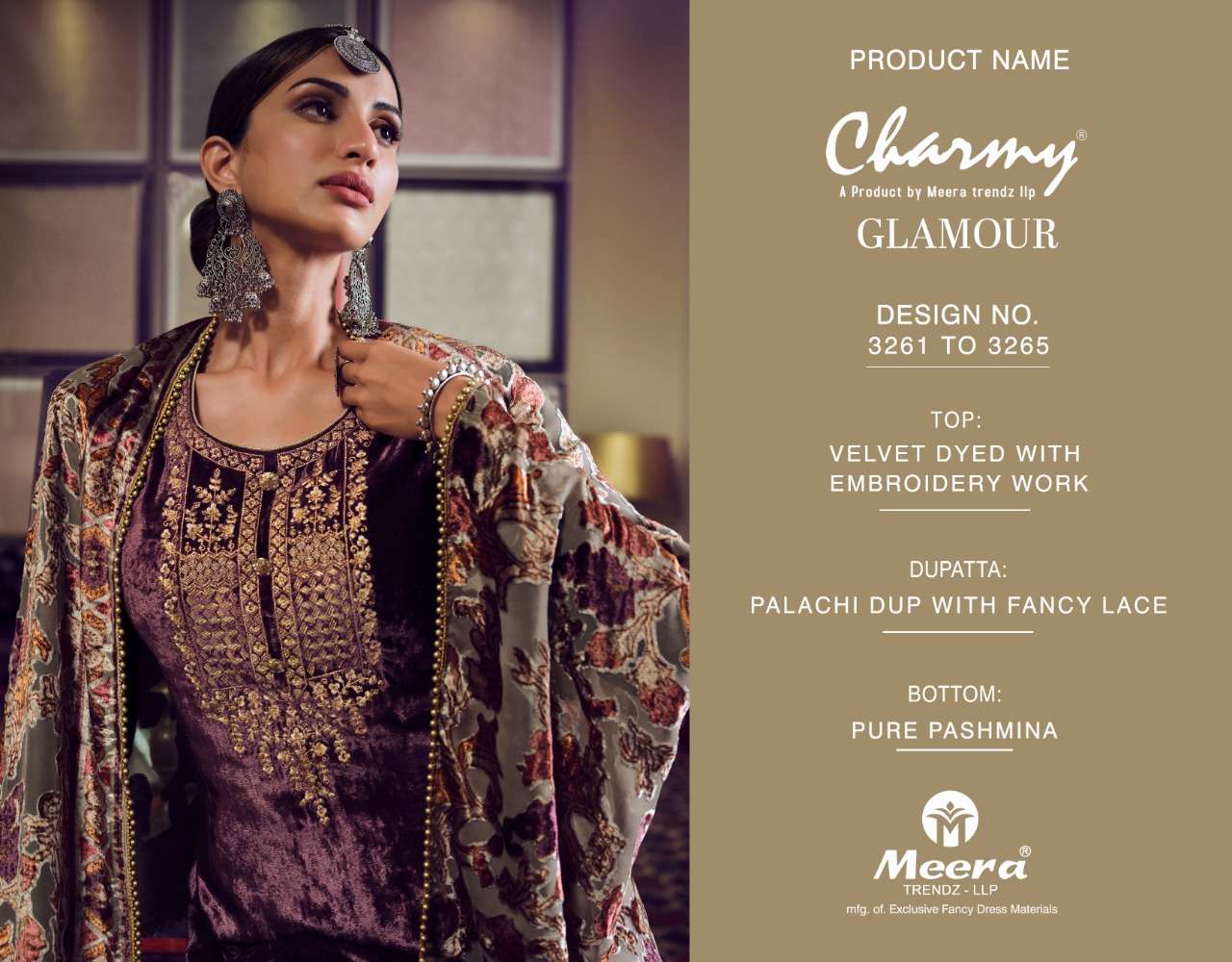 GLAMOUR BY CHARMY 3261 TO 3265 SERIES BEAUTIFUL SUITS COLORFUL STYLISH FANCY CASUAL WEAR & ETHNIC WEAR VELVET EMBROIDERED DRESSES AT WHOLESALE PRICE