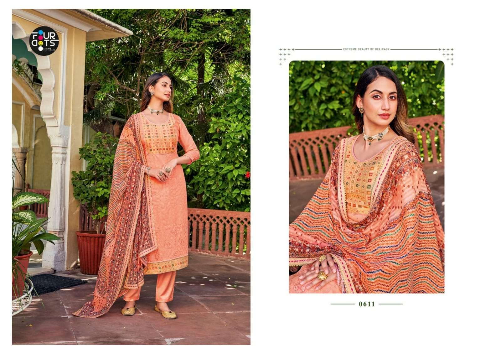ADIRA VOL-3 BY FOUR DOTS 0611 TO 0614 SERIES BEAUTIFUL SUITS COLORFUL STYLISH FANCY CASUAL WEAR & ETHNIC WEAR MUSLIN JACQUARD WORK DRESSES AT WHOLESALE PRICE