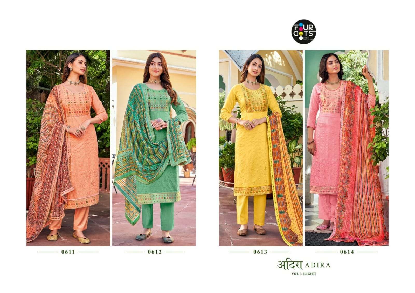 ADIRA VOL-3 BY FOUR DOTS 0611 TO 0614 SERIES BEAUTIFUL SUITS COLORFUL STYLISH FANCY CASUAL WEAR & ETHNIC WEAR MUSLIN JACQUARD WORK DRESSES AT WHOLESALE PRICE