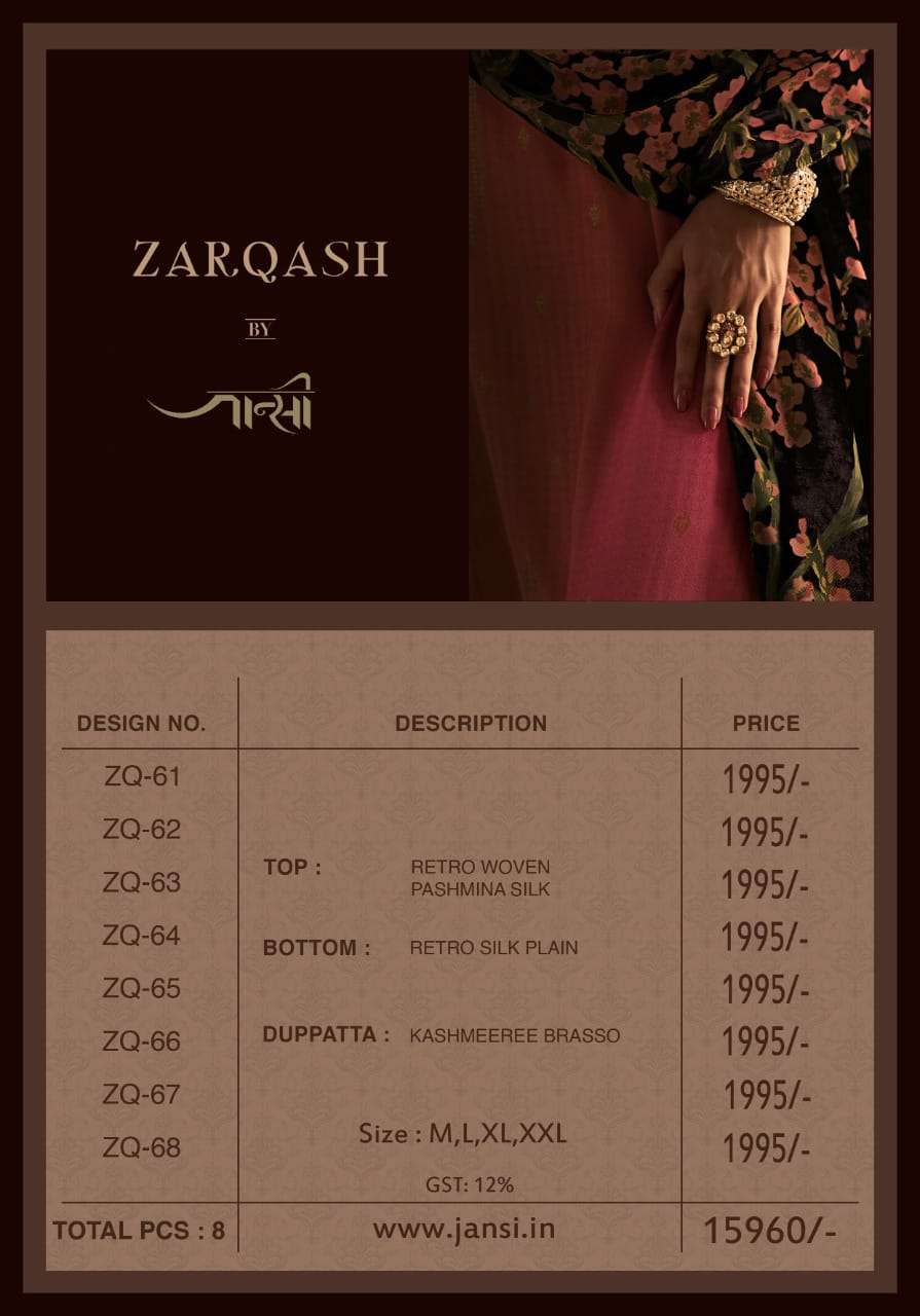 ZARQASH BY JHANSI 601 TO 68 SERIES BEAUTIFUL SUITS COLORFUL STYLISH FANCY CASUAL WEAR & ETHNIC WEAR PASHMINA SILK DRESSES AT WHOLESALE PRICE