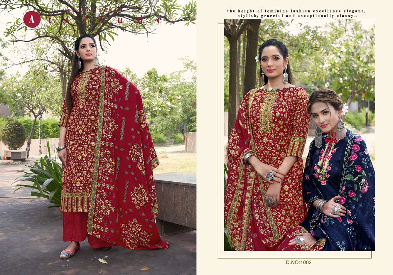 AARIKA BY VIJAYA FASHION 1001 TO 1008 SERIES BEAUTIFUL STYLISH SUITS FANCY COLORFUL CASUAL WEAR & ETHNIC WEAR & READY TO WEAR PASHMINA DOBBY PRINTED DRESSES AT WHOLESALE PRICE
