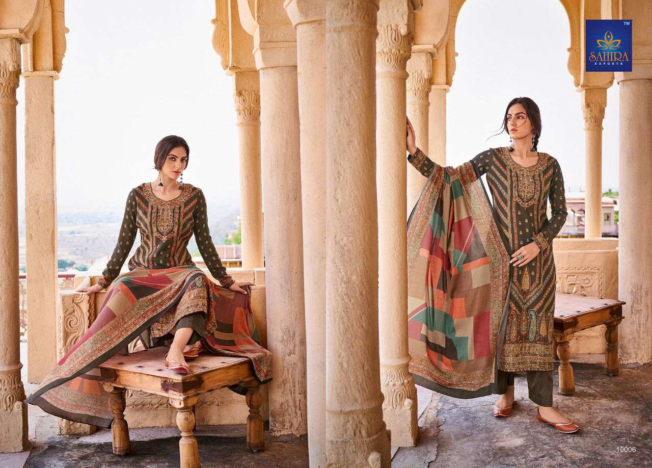 MAHWISH BY SAHIRA EXPORTS 10001 TO 10008 SERIES BEAUTIFUL STYLISH SUITS FANCY COLORFUL CASUAL WEAR & ETHNIC WEAR & READY TO WEAR PASHMINA DOBBY PRINTED DRESSES AT WHOLESALE PRICE