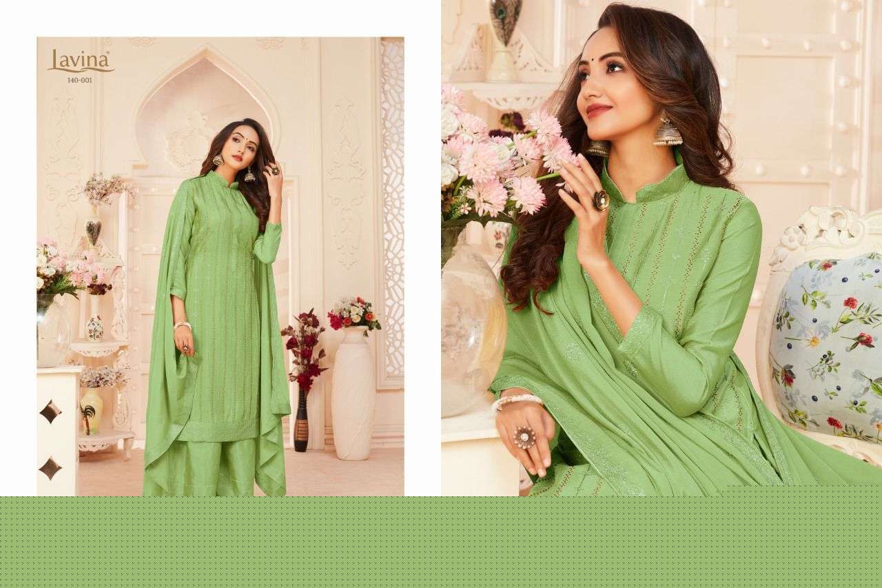 LAVINA VOL-140 BY LAVINA 140-001 TO 140-004 SERIES BEAUTIFUL SHARARA SUITS STYLISH FANCY COLORFUL CASUAL WEAR & ETHNIC WEAR CHINNON EMBROIDERED DRESSES AT WHOLESALE PRICE