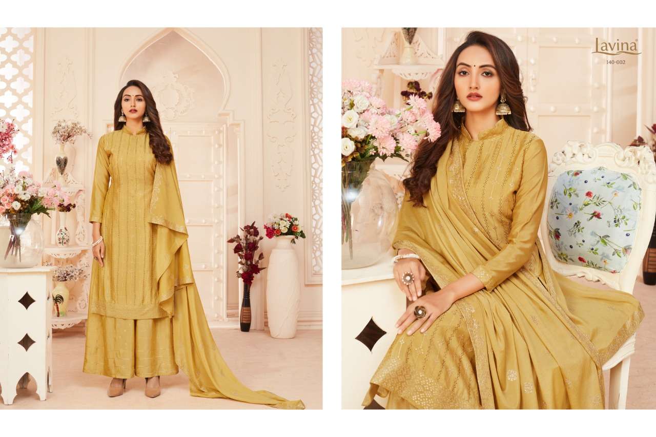 LAVINA VOL-140 BY LAVINA 140-001 TO 140-004 SERIES BEAUTIFUL SHARARA SUITS STYLISH FANCY COLORFUL CASUAL WEAR & ETHNIC WEAR CHINNON EMBROIDERED DRESSES AT WHOLESALE PRICE