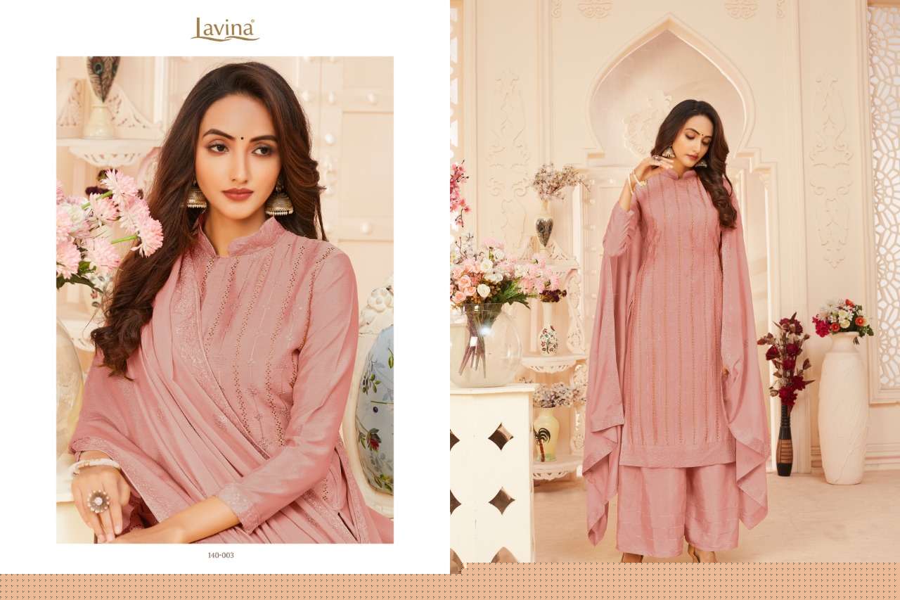 LAVINA VOL-140 BY LAVINA 140-001 TO 140-004 SERIES BEAUTIFUL SHARARA SUITS STYLISH FANCY COLORFUL CASUAL WEAR & ETHNIC WEAR CHINNON EMBROIDERED DRESSES AT WHOLESALE PRICE