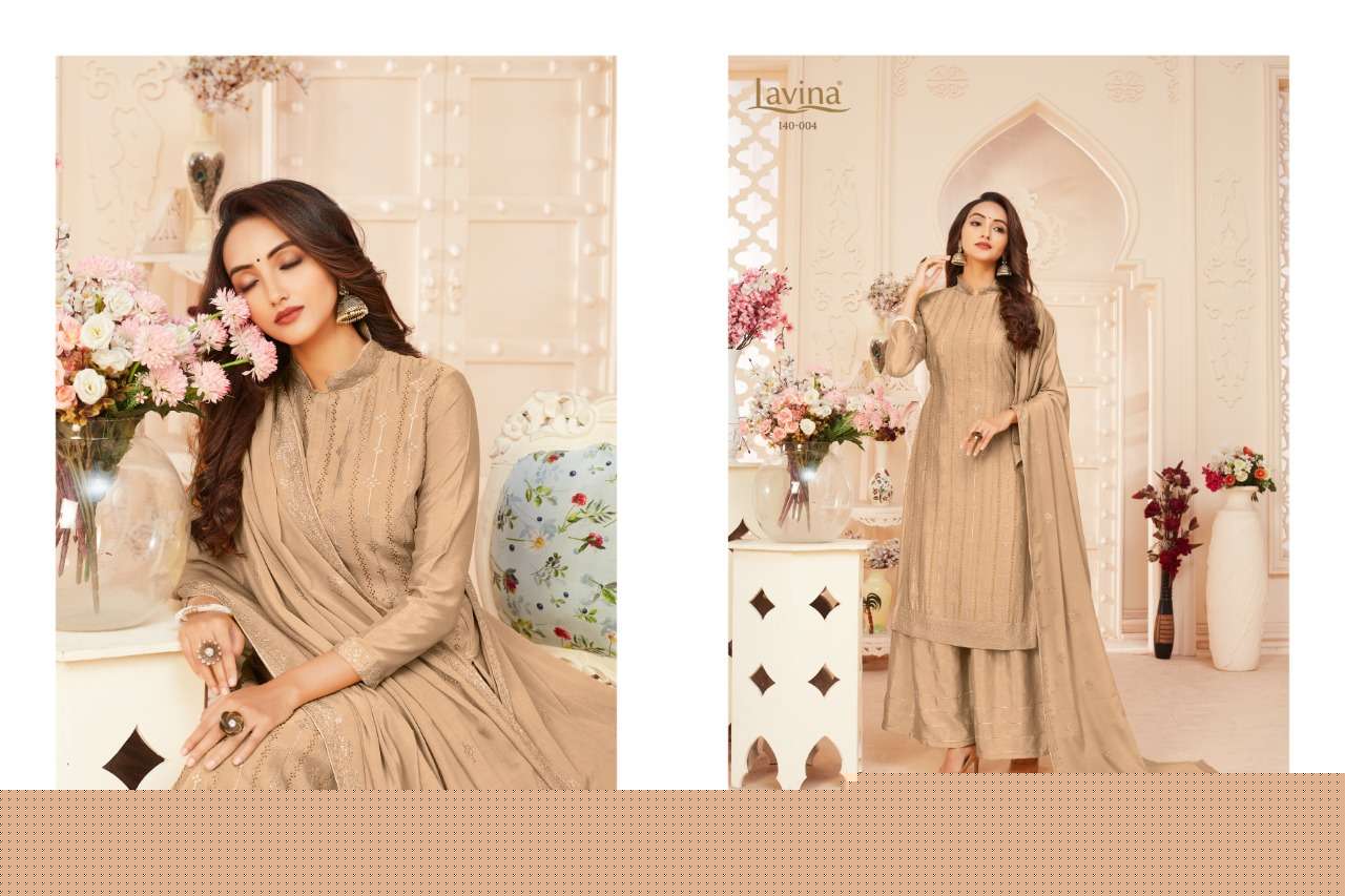 LAVINA VOL-140 BY LAVINA 140-001 TO 140-004 SERIES BEAUTIFUL SHARARA SUITS STYLISH FANCY COLORFUL CASUAL WEAR & ETHNIC WEAR CHINNON EMBROIDERED DRESSES AT WHOLESALE PRICE