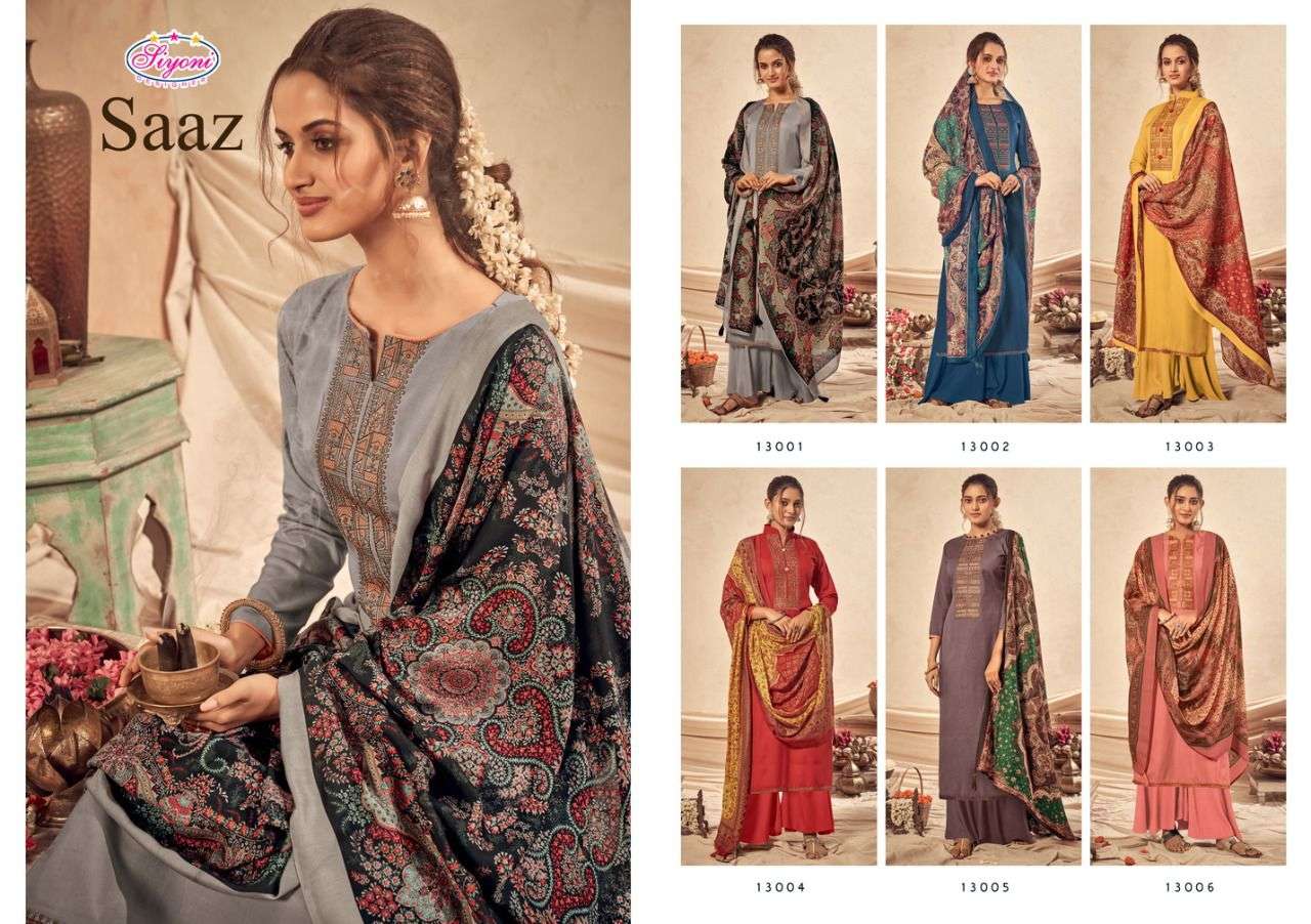 SAAZ BY SIYONI 13001 TO 13006 SERIES BEAUTIFUL SUITS COLORFUL STYLISH FANCY CASUAL WEAR & ETHNIC WEAR PURE STAPLA PASHMINA WITH EMBROIDERY DRESSES AT WHOLESALE PRICE