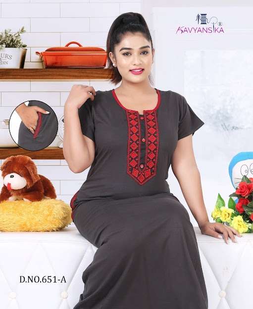 EMBROIDERY NIGHTY VOL 651 BY KAVYANSHIKA 651-A TO 651-D SERIES BEAUTIFUL STYLISH FANCY COLORFUL CASUAL WEAR & ETHNIC WEAR COTTON HOSIERY GOWNS AT WHOLESALE PRICE