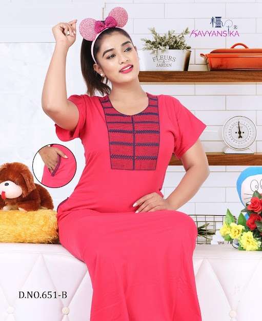 EMBROIDERY NIGHTY VOL 651 BY KAVYANSHIKA 651-A TO 651-D SERIES BEAUTIFUL STYLISH FANCY COLORFUL CASUAL WEAR & ETHNIC WEAR COTTON HOSIERY GOWNS AT WHOLESALE PRICE