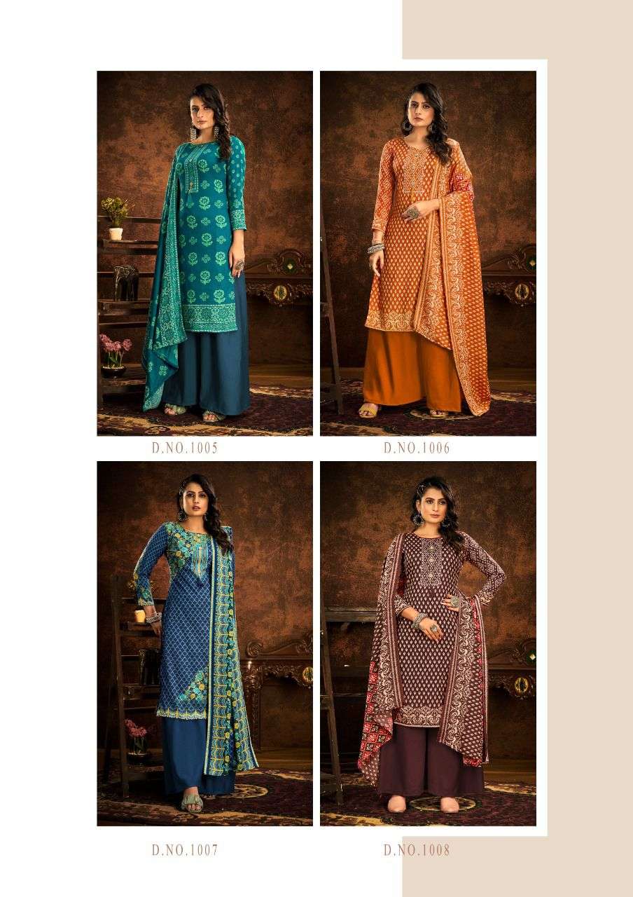 JANNAT BY KESARIYA 1001 TO 1008 SERIES BEAUTIFUL STYLISH SHARARA SUITS FANCY COLORFUL CASUAL WEAR & ETHNIC WEAR & READY TO WEAR PASHMINA PRINTED DRESSES AT WHOLESALE PRICE