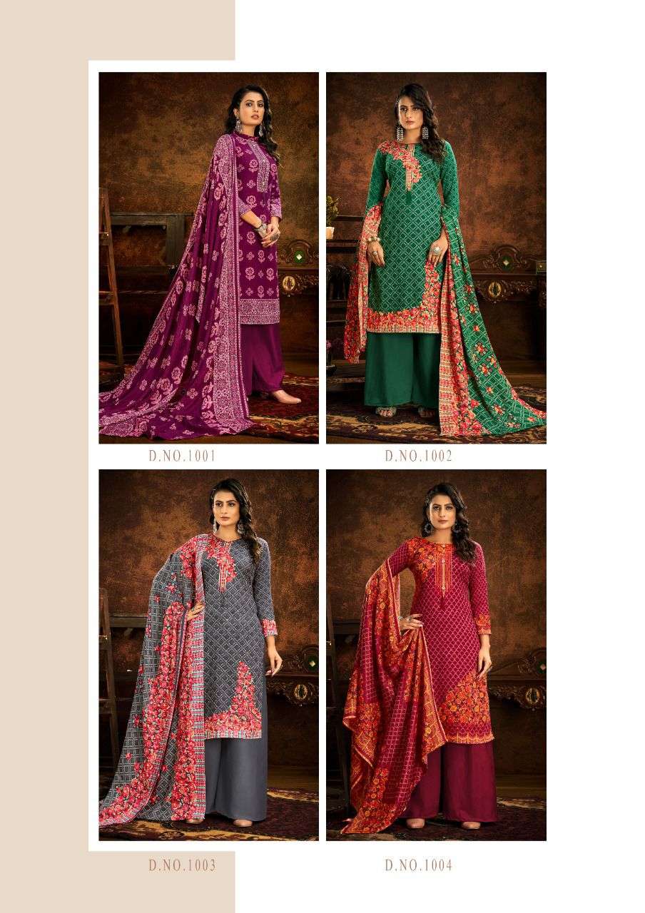 JANNAT BY KESARIYA 1001 TO 1008 SERIES BEAUTIFUL STYLISH SHARARA SUITS FANCY COLORFUL CASUAL WEAR & ETHNIC WEAR & READY TO WEAR PASHMINA PRINTED DRESSES AT WHOLESALE PRICE