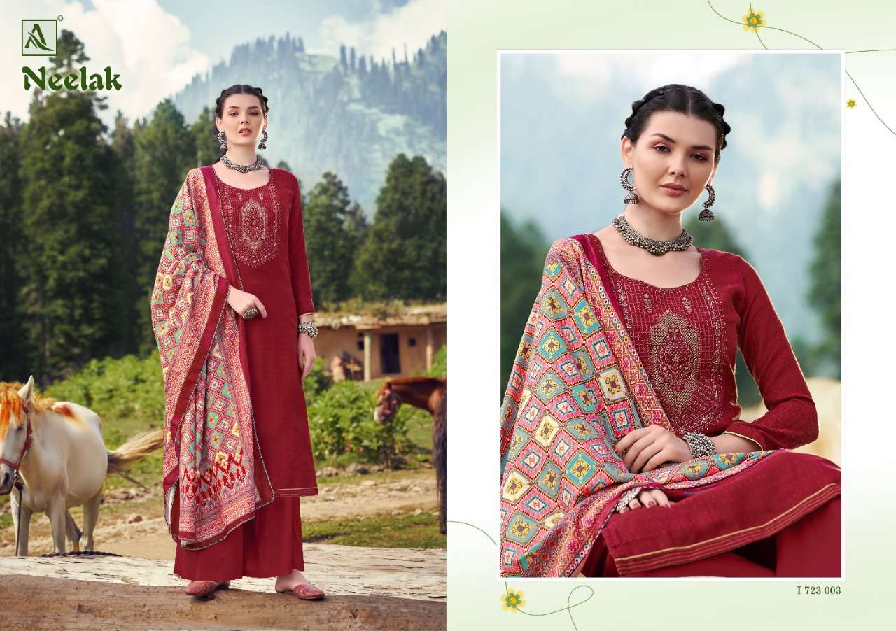 NEELAK BY ALOK SUITS 723-001 TO 723-010 SERIES BEAUTIFUL STYLISH SHARARA SUITS FANCY COLORFUL CASUAL WEAR & ETHNIC WEAR & READY TO WEAR PURE PASHMINA PRINT WITH EMBROIDERED DRESSES AT WHOLESALE PRICE