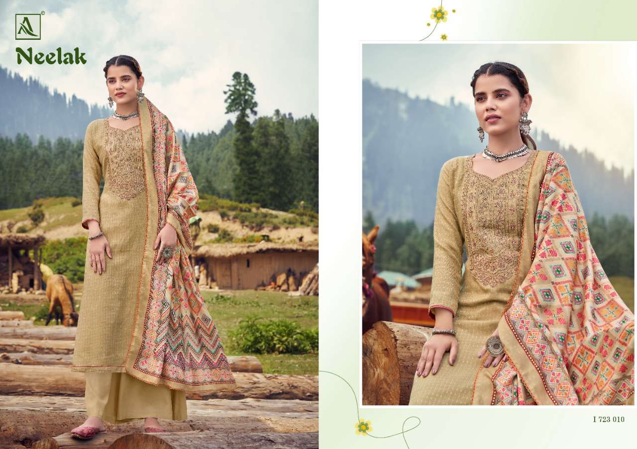 NEELAK BY ALOK SUITS 723-001 TO 723-010 SERIES BEAUTIFUL STYLISH SHARARA SUITS FANCY COLORFUL CASUAL WEAR & ETHNIC WEAR & READY TO WEAR PURE PASHMINA PRINT WITH EMBROIDERED DRESSES AT WHOLESALE PRICE
