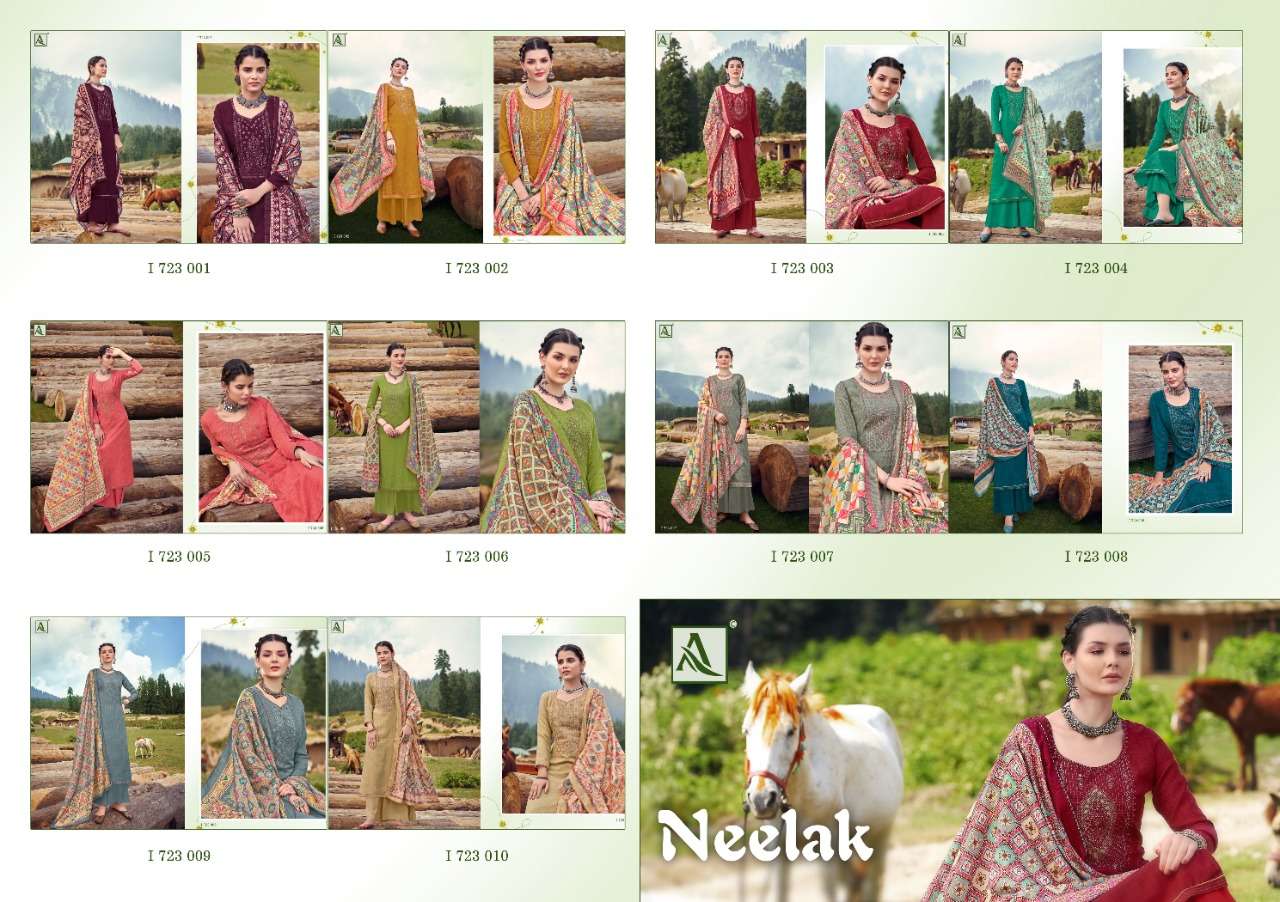 NEELAK BY ALOK SUITS 723-001 TO 723-010 SERIES BEAUTIFUL STYLISH SHARARA SUITS FANCY COLORFUL CASUAL WEAR & ETHNIC WEAR & READY TO WEAR PURE PASHMINA PRINT WITH EMBROIDERED DRESSES AT WHOLESALE PRICE