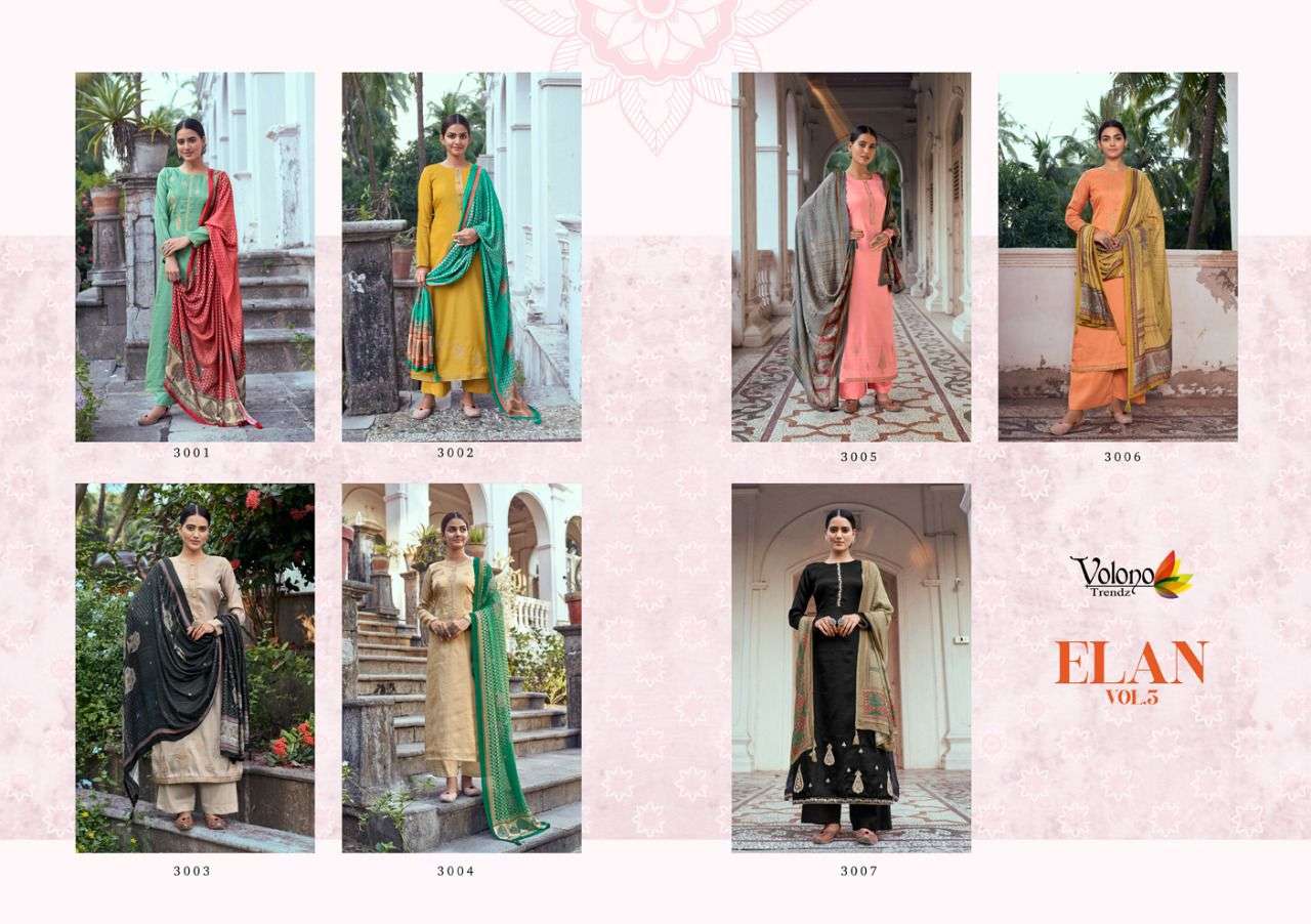 Elan Vol-5 By Volono Trendz 3001 To 3007 Series Beautiful Suits Stylish Fancy Colorful Party Wear & Occasional Wear Pure Pahsmina Dresses At Wholesale Price