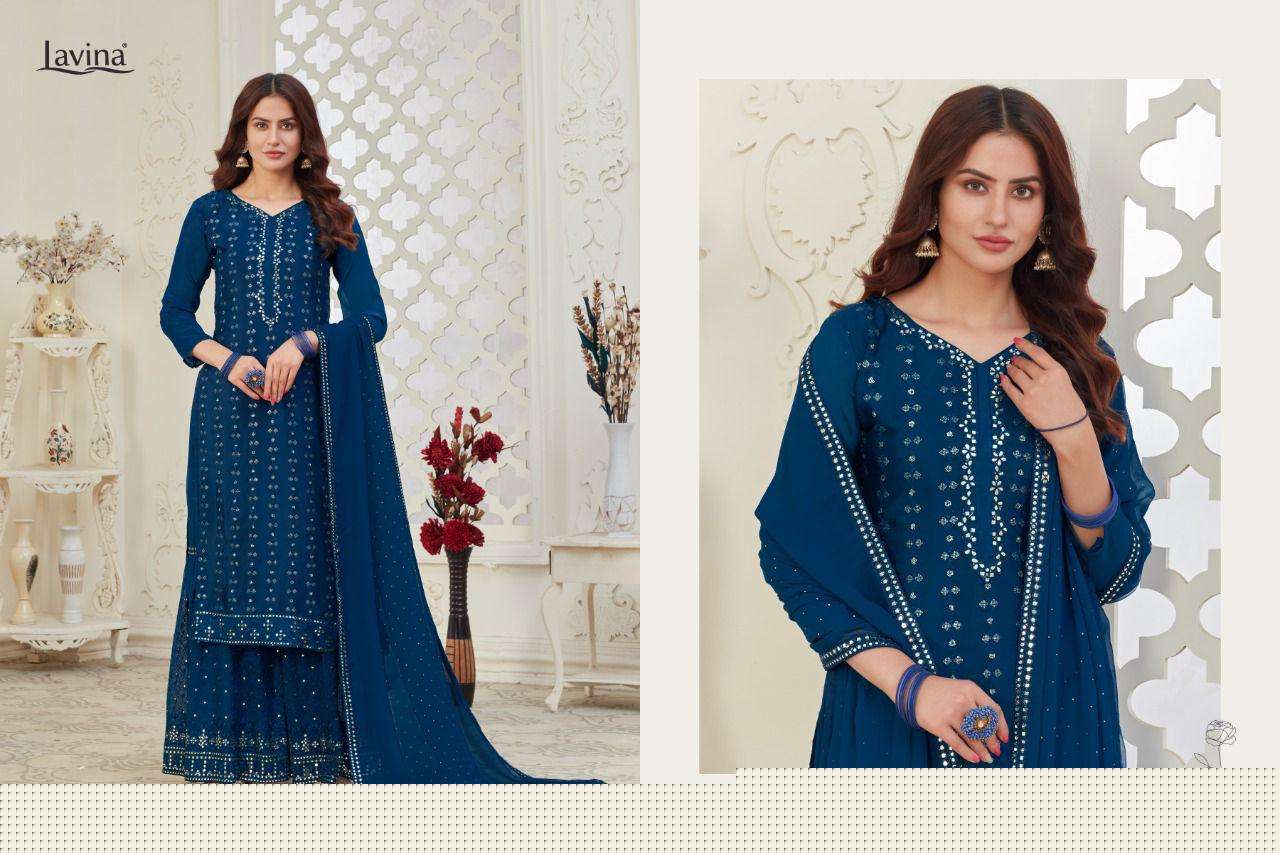 LAVINA VOL-134 BY LAVINA 134-001 TO 134-004 SERIES BEAUTIFUL SHARARA SUITS STYLISH FANCY COLORFUL CASUAL WEAR & ETHNIC WEAR CHINNON EMBROIDERED DRESSES AT WHOLESALE PRICE