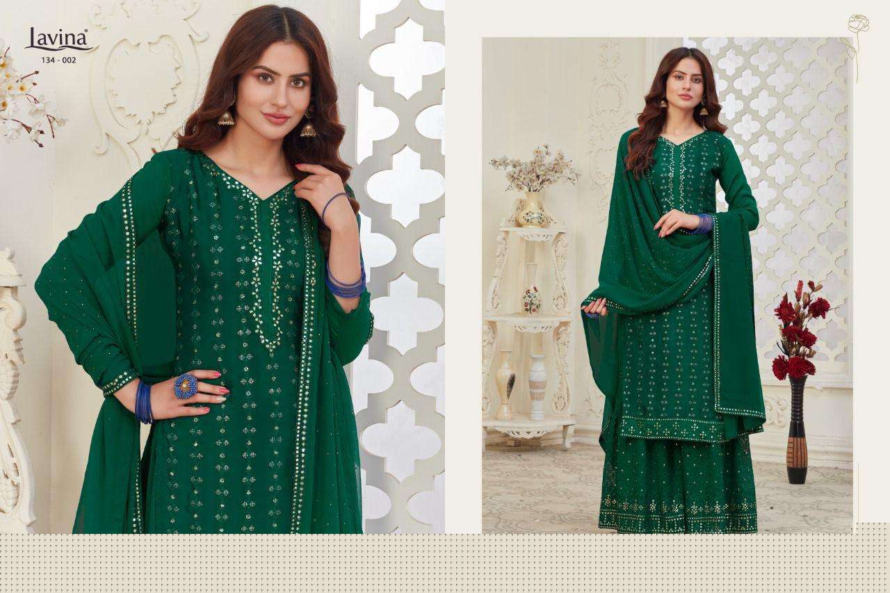 LAVINA VOL-134 BY LAVINA 134-001 TO 134-004 SERIES BEAUTIFUL SHARARA SUITS STYLISH FANCY COLORFUL CASUAL WEAR & ETHNIC WEAR CHINNON EMBROIDERED DRESSES AT WHOLESALE PRICE