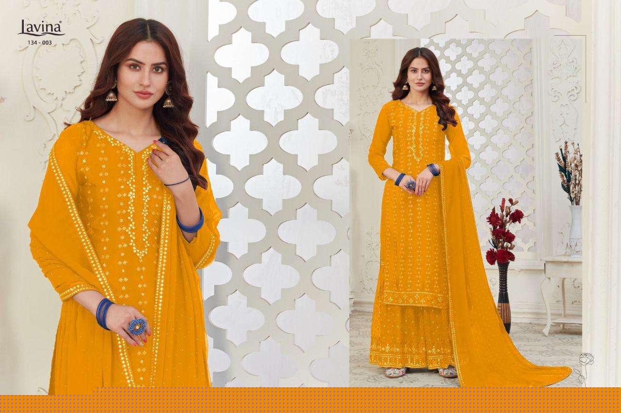 LAVINA VOL-134 BY LAVINA 134-001 TO 134-004 SERIES BEAUTIFUL SHARARA SUITS STYLISH FANCY COLORFUL CASUAL WEAR & ETHNIC WEAR CHINNON EMBROIDERED DRESSES AT WHOLESALE PRICE