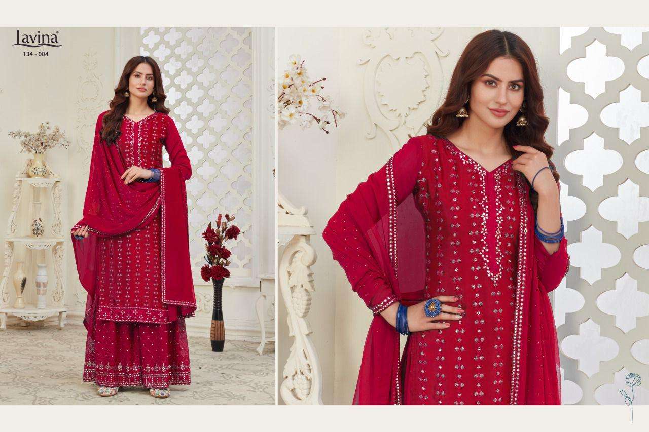 LAVINA VOL-134 BY LAVINA 134-001 TO 134-004 SERIES BEAUTIFUL SHARARA SUITS STYLISH FANCY COLORFUL CASUAL WEAR & ETHNIC WEAR CHINNON EMBROIDERED DRESSES AT WHOLESALE PRICE