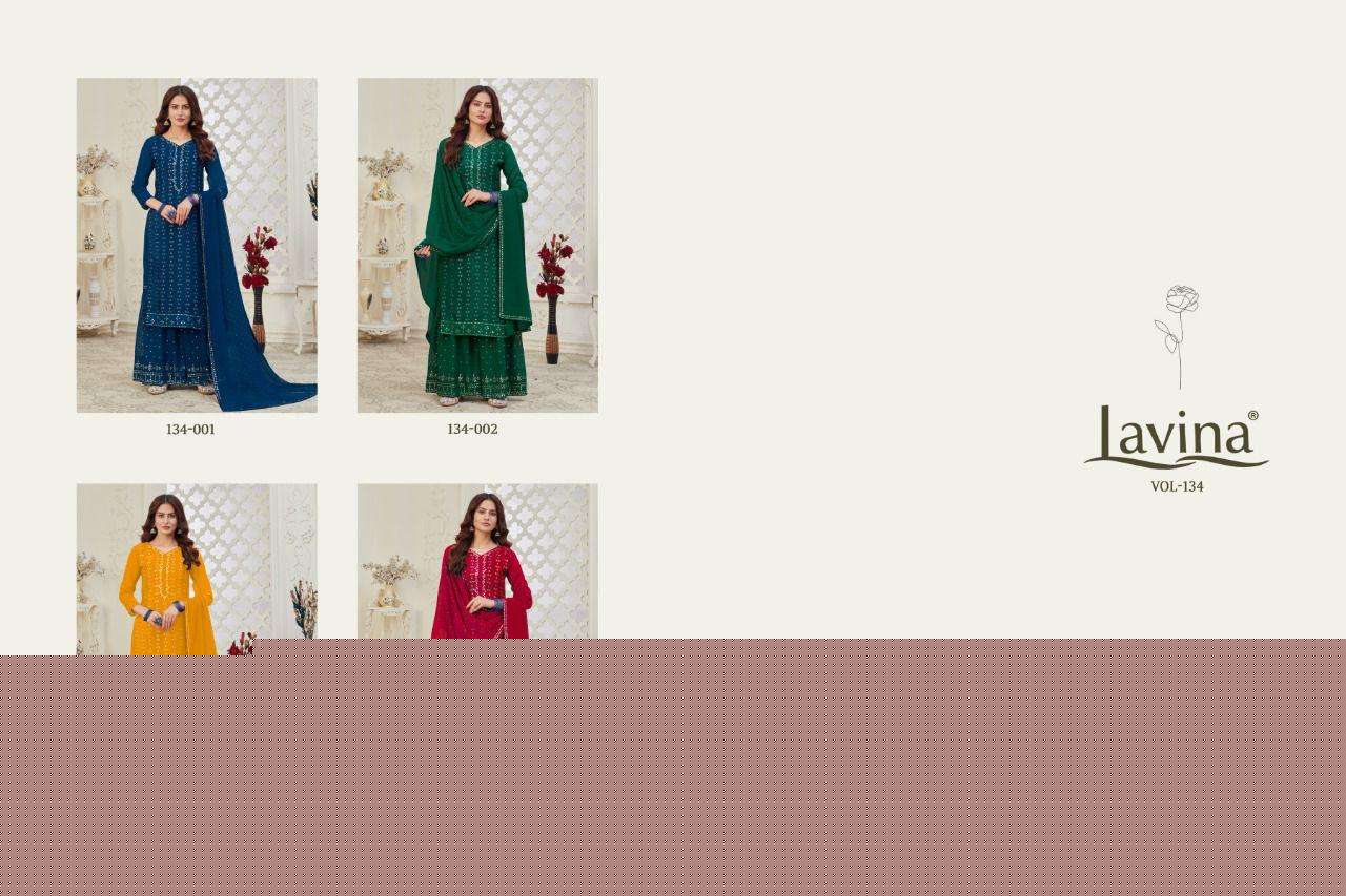 LAVINA VOL-134 BY LAVINA 134-001 TO 134-004 SERIES BEAUTIFUL SHARARA SUITS STYLISH FANCY COLORFUL CASUAL WEAR & ETHNIC WEAR CHINNON EMBROIDERED DRESSES AT WHOLESALE PRICE