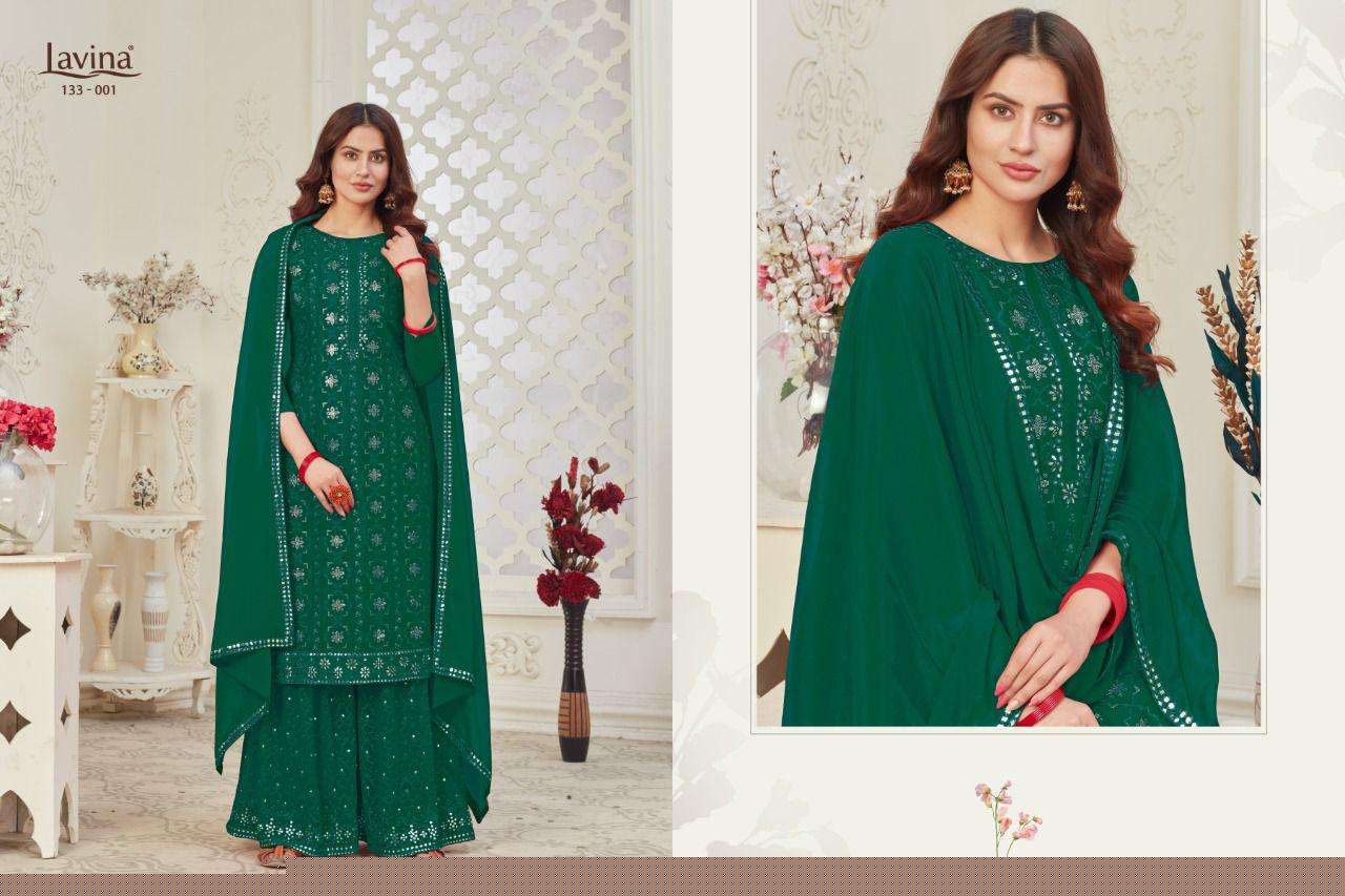 LAVINA VOL 133 BY LAVINA 133-001 TO 133-004 SERIES BEAUTIFUL SHARARA SUITS STYLISH FANCY COLORFUL CASUAL WEAR & ETHNIC WEAR CHINNON EMBROIDERED DRESSES AT WHOLESALE PRICE