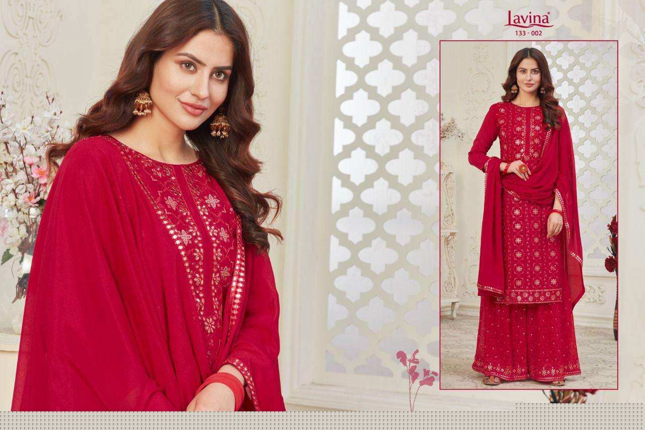 LAVINA VOL 133 BY LAVINA 133-001 TO 133-004 SERIES BEAUTIFUL SHARARA SUITS STYLISH FANCY COLORFUL CASUAL WEAR & ETHNIC WEAR CHINNON EMBROIDERED DRESSES AT WHOLESALE PRICE
