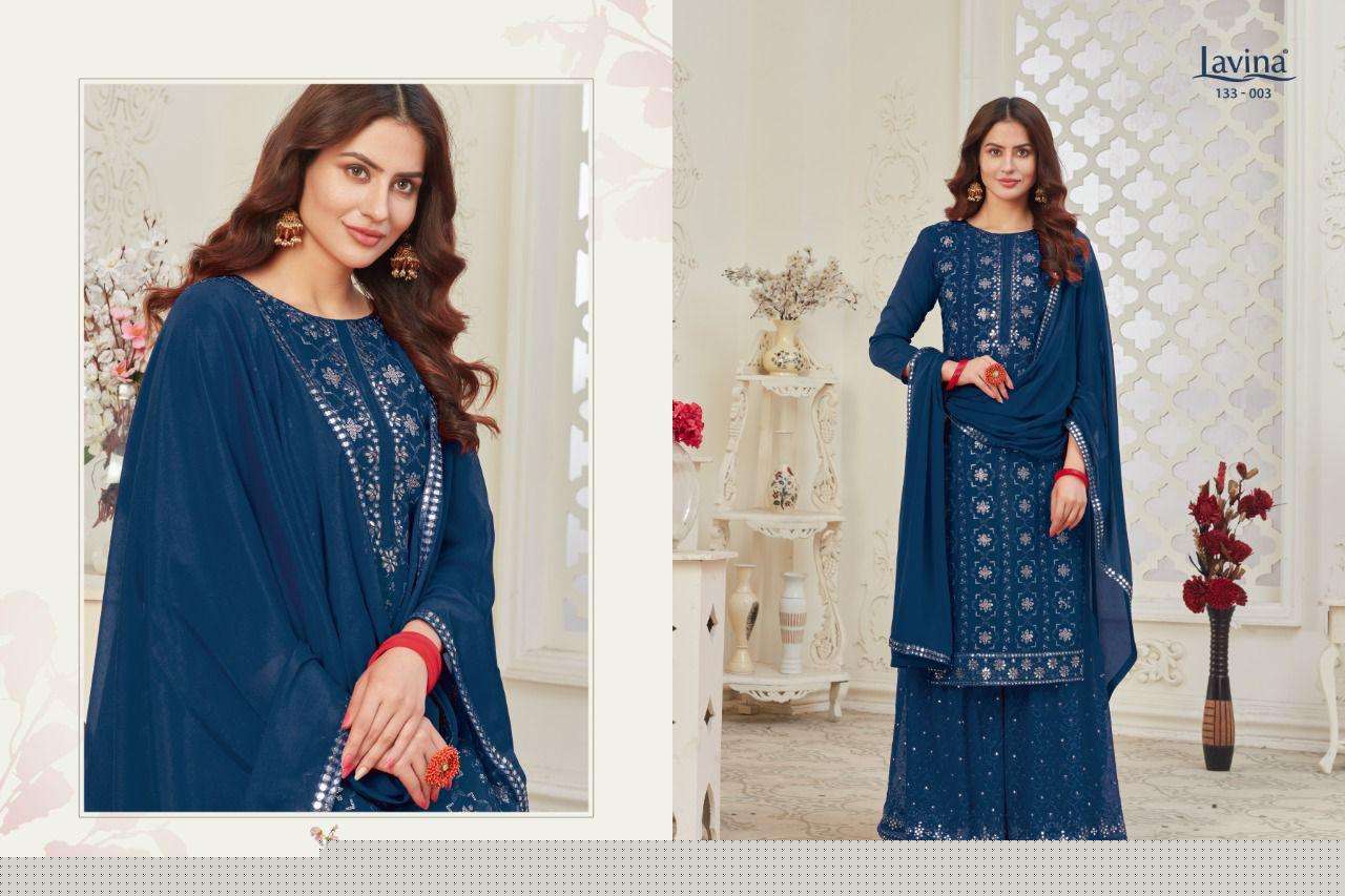 LAVINA VOL 133 BY LAVINA 133-001 TO 133-004 SERIES BEAUTIFUL SHARARA SUITS STYLISH FANCY COLORFUL CASUAL WEAR & ETHNIC WEAR CHINNON EMBROIDERED DRESSES AT WHOLESALE PRICE