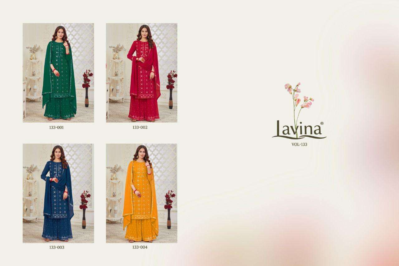 LAVINA VOL 133 BY LAVINA 133-001 TO 133-004 SERIES BEAUTIFUL SHARARA SUITS STYLISH FANCY COLORFUL CASUAL WEAR & ETHNIC WEAR CHINNON EMBROIDERED DRESSES AT WHOLESALE PRICE