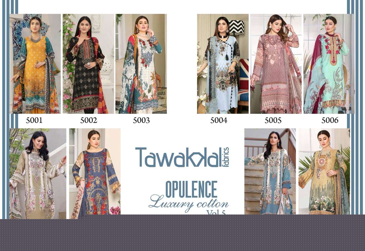 OPULENCE LUXURY COTTON VOl-5 BY TAWAKKAL FAB 5001 TO 5010 SERIES BEAUTIFUL STYLISH SUITS FANCY COLORFUL CASUAL WEAR & ETHNIC WEAR & READY TO WEAR COTTON PRINTED DRESSES AT WHOLESALE PRICE