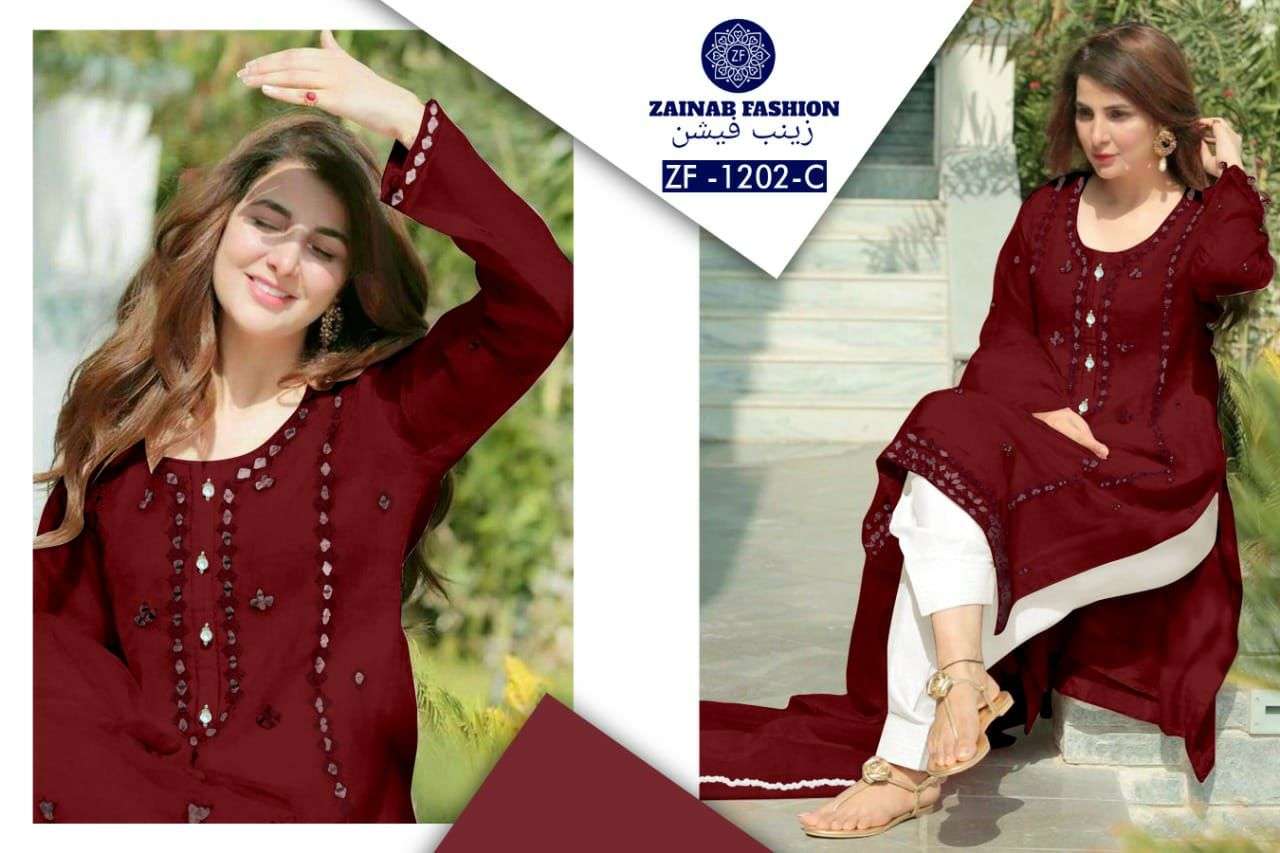 ZAINAB 1202 COLOURS BY ZAINAB FASHION 1202-A TO 1202-F SERIES DESIGNER PAKISTANI SUITS BEAUTIFUL FANCY STYLISH COLORFUL PARTY WEAR & OCCASIONAL WEAR FAUX GEORGETTE EMBROIDERY DRESSES AT WHOLESALE PRICE