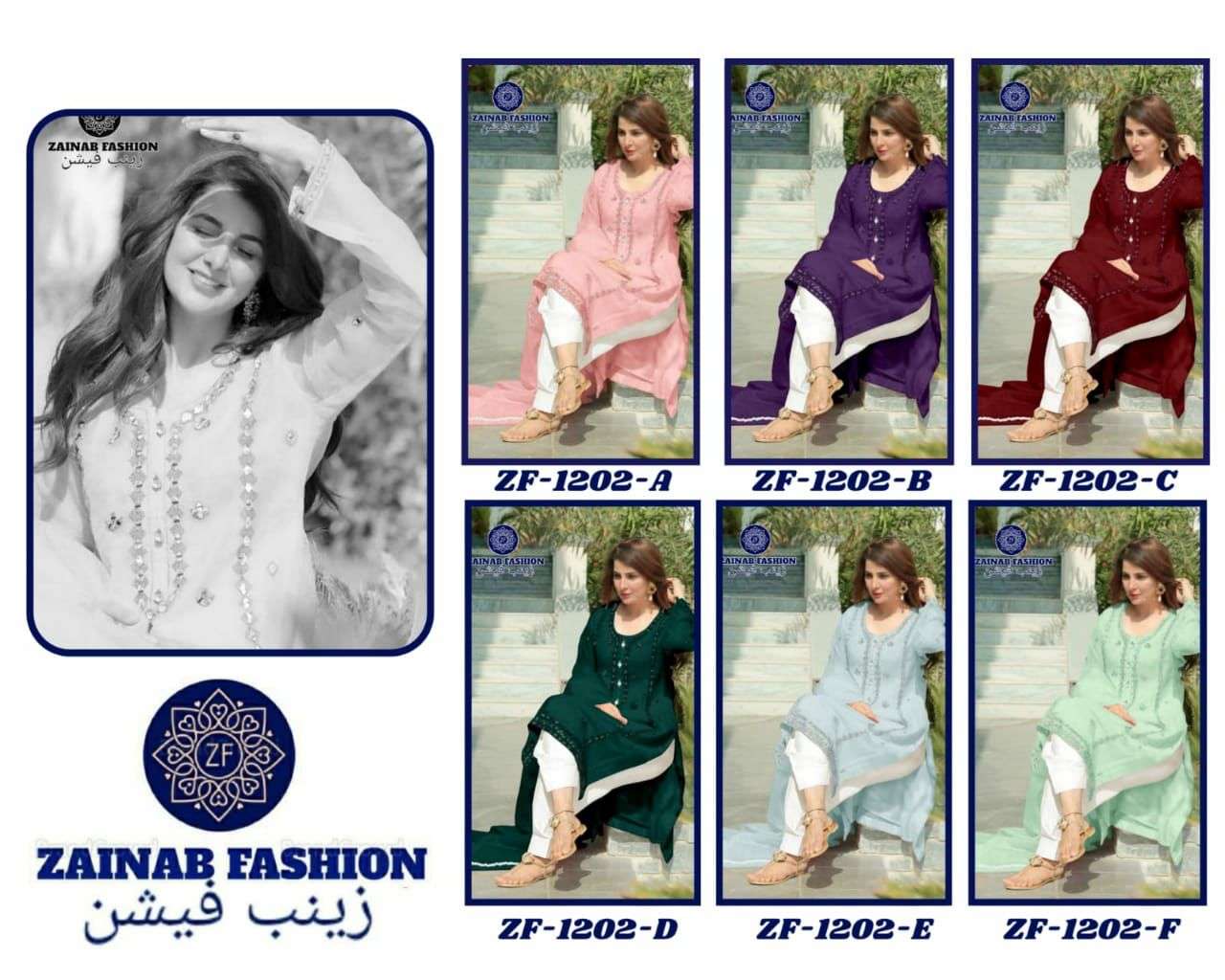 ZAINAB 1202 COLOURS BY ZAINAB FASHION 1202-A TO 1202-F SERIES DESIGNER PAKISTANI SUITS BEAUTIFUL FANCY STYLISH COLORFUL PARTY WEAR & OCCASIONAL WEAR FAUX GEORGETTE EMBROIDERY DRESSES AT WHOLESALE PRICE