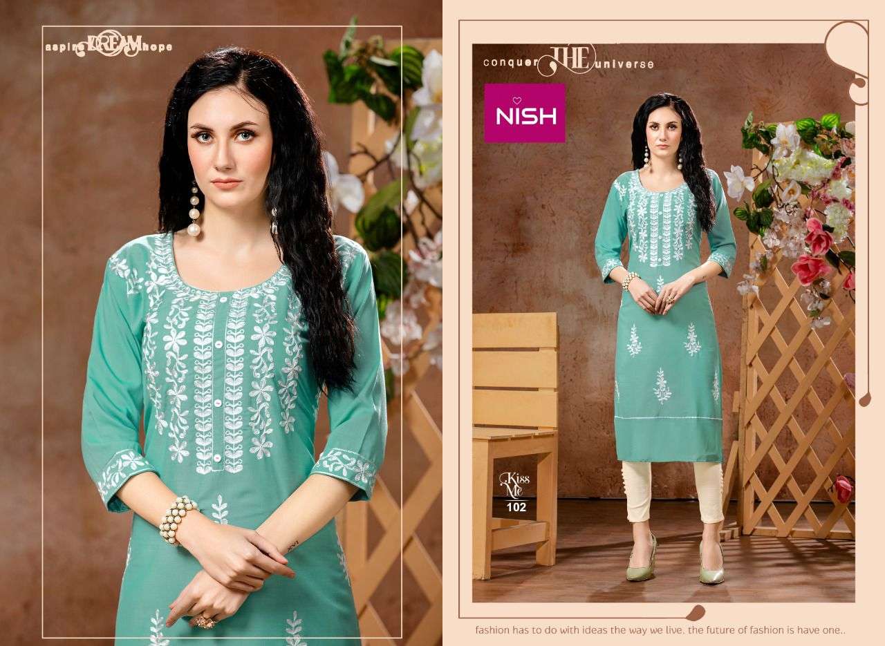 KISS ME BY NISH 101 TO 106 SERIES DESIGNER STYLISH FANCY COLORFUL BEAUTIFUL PARTY WEAR & ETHNIC WEAR COLLECTION CHINNON KURTIS WITH BOTTOM AT WHOLESALE PRICE