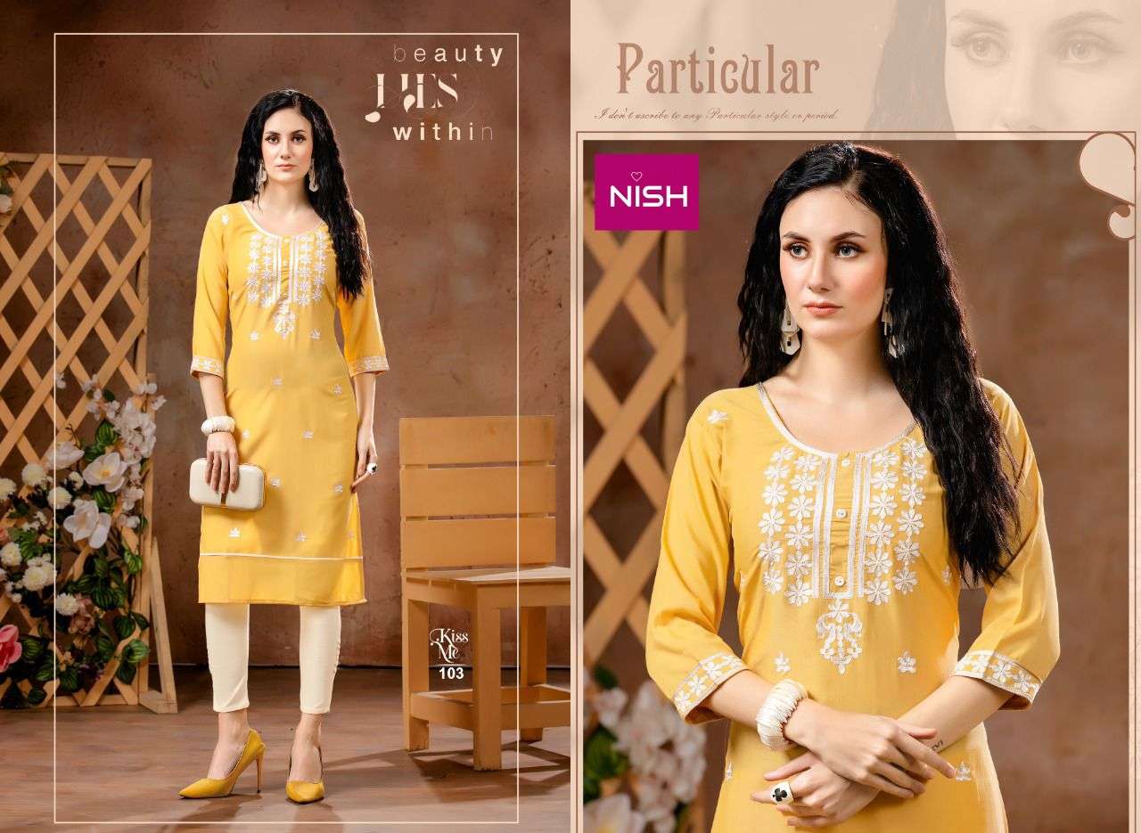 KISS ME BY NISH 101 TO 106 SERIES DESIGNER STYLISH FANCY COLORFUL BEAUTIFUL PARTY WEAR & ETHNIC WEAR COLLECTION CHINNON KURTIS WITH BOTTOM AT WHOLESALE PRICE