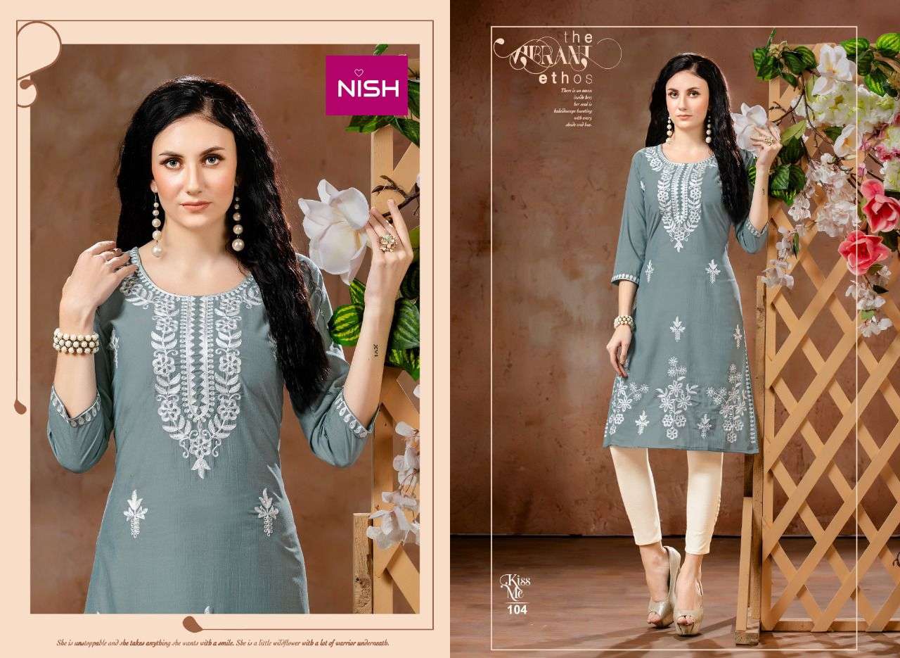 KISS ME BY NISH 101 TO 106 SERIES DESIGNER STYLISH FANCY COLORFUL BEAUTIFUL PARTY WEAR & ETHNIC WEAR COLLECTION CHINNON KURTIS WITH BOTTOM AT WHOLESALE PRICE