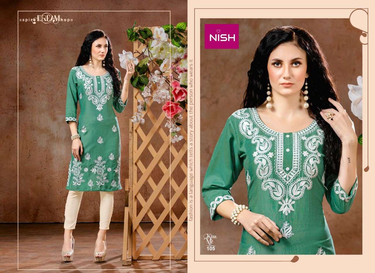 KISS ME BY NISH 101 TO 106 SERIES DESIGNER STYLISH FANCY COLORFUL BEAUTIFUL PARTY WEAR & ETHNIC WEAR COLLECTION CHINNON KURTIS WITH BOTTOM AT WHOLESALE PRICE