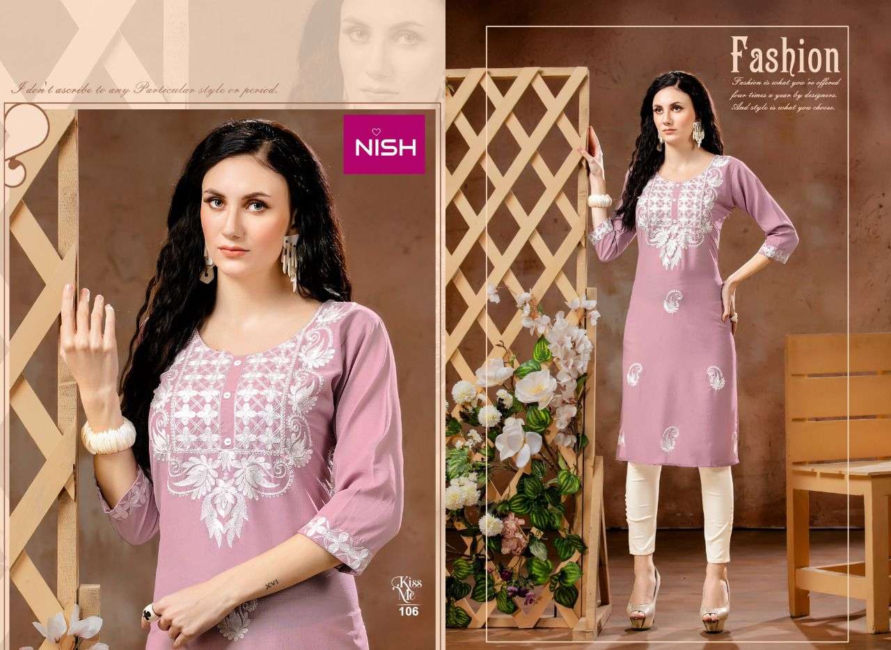 KISS ME BY NISH 101 TO 106 SERIES DESIGNER STYLISH FANCY COLORFUL BEAUTIFUL PARTY WEAR & ETHNIC WEAR COLLECTION CHINNON KURTIS WITH BOTTOM AT WHOLESALE PRICE